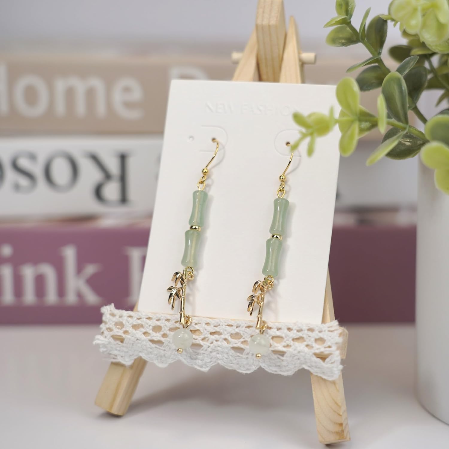 RainDesigns Handmade Natural Jade Bamboo Leaf Dangle Earrings Plant Leaf Fun 14K Gold Plated Jewerly Gift for Women Girl - Image 5
