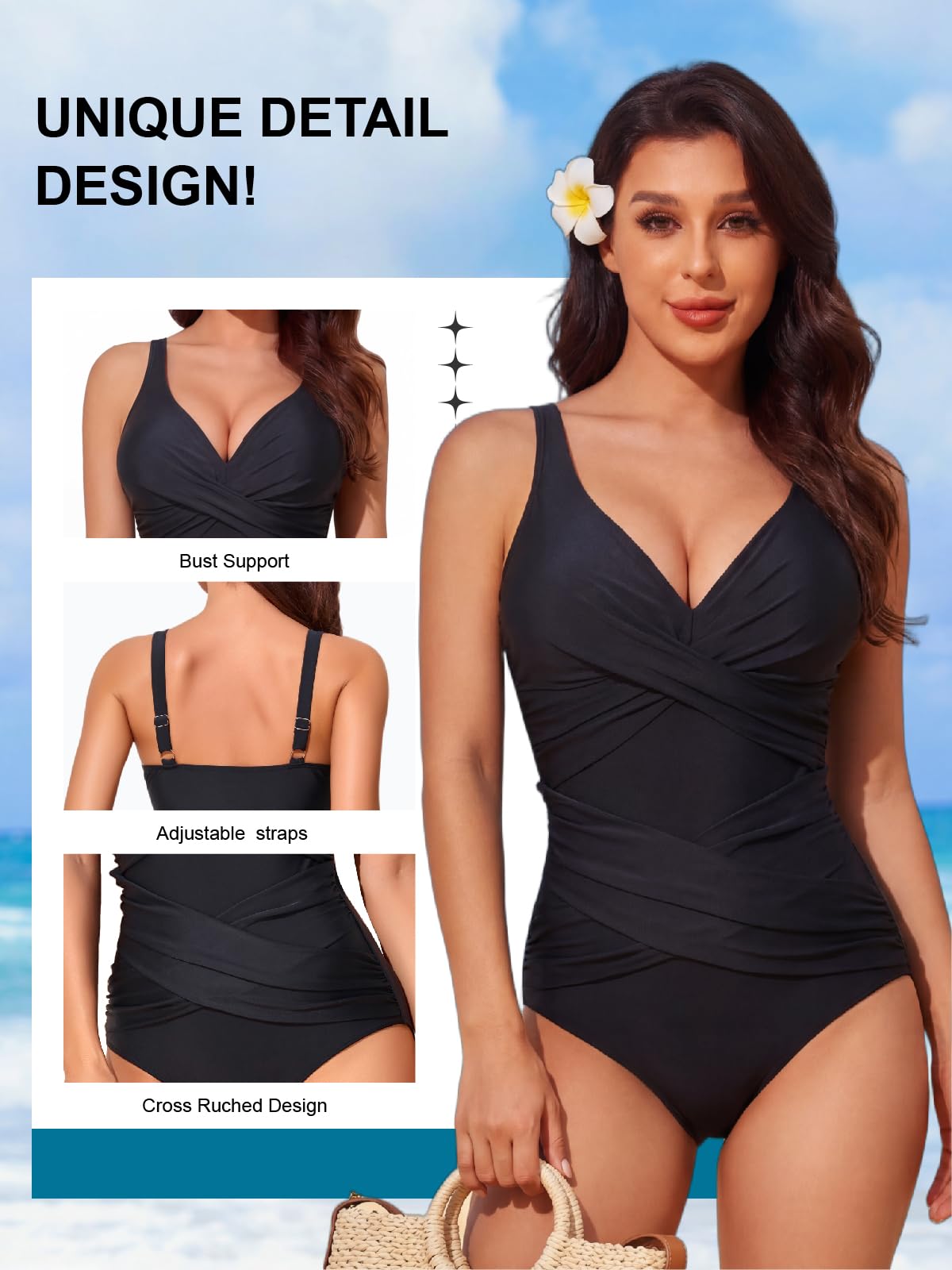 Smismivo Tummy Control Swimsuits for Women Slimming One Piece Bathing Suit Retro Ruched Push Up Vintage Padded Swimwear — view 5