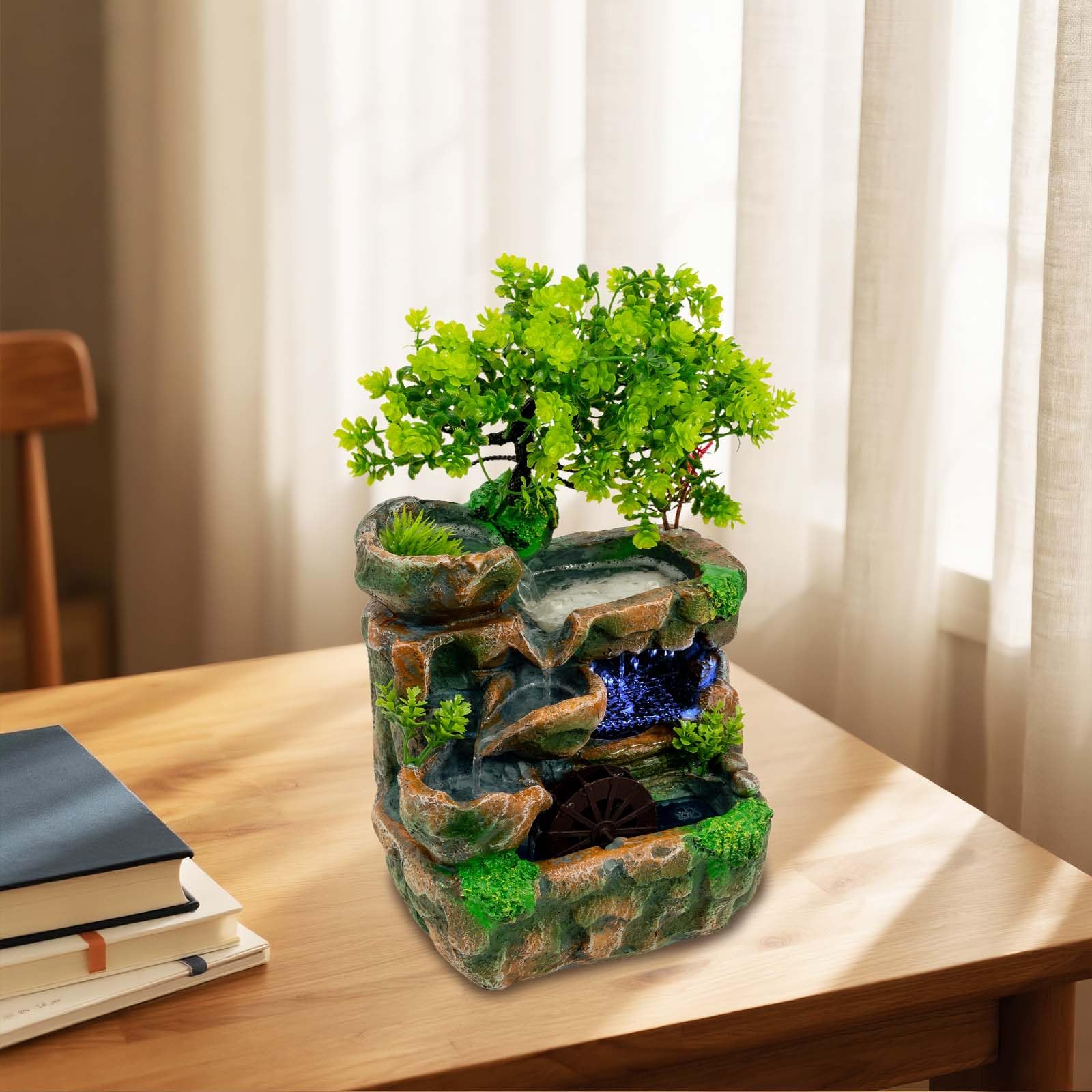 Zimmerbrunnen mit LED Licht, Moderner Tischbrunnen Indoor mit Wasserfall für Wohnzimmer Deko, Kunstharz Springbrunnen Innen mit Beruhigendem Wassergeräusch, 30cm