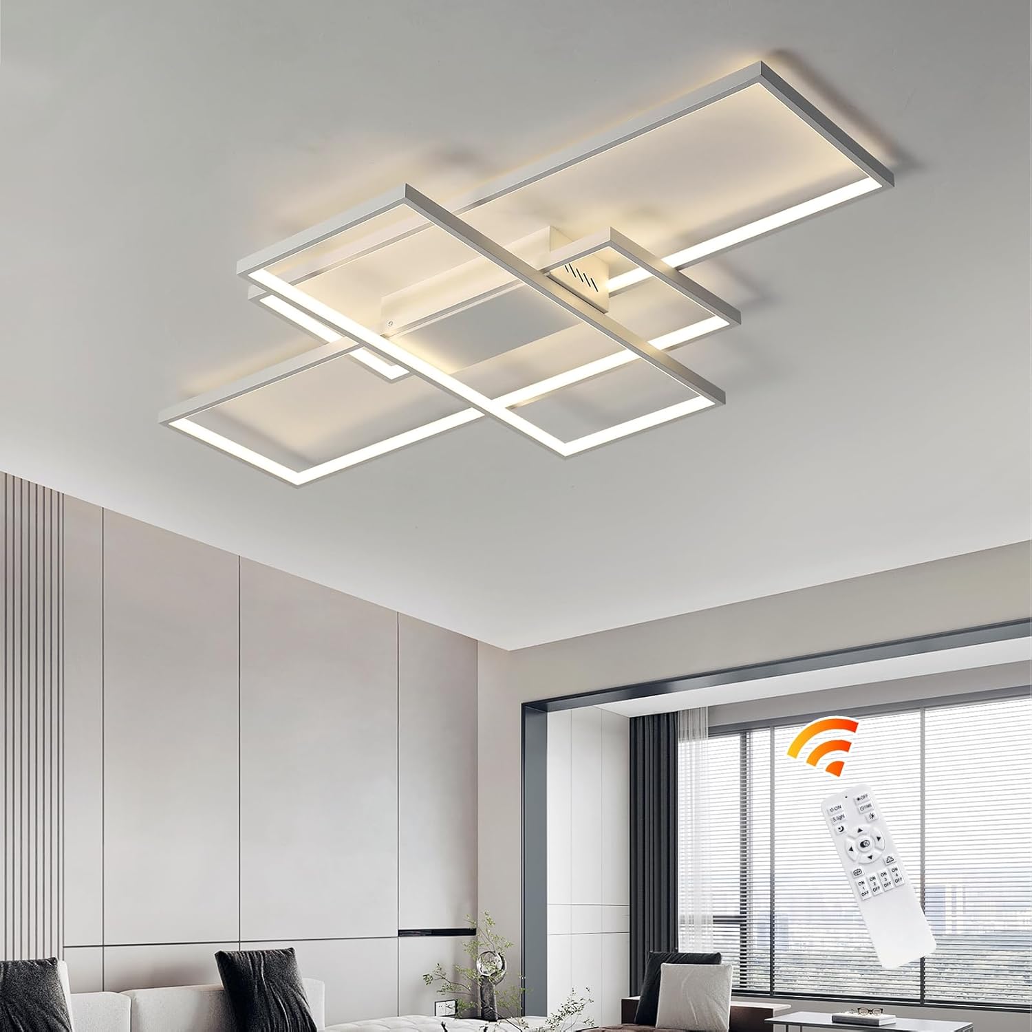 GEADI Modern Dimmable Ceiling Light, 35.4" White Led Ceiling Light Fixtures with Remote Control, 50W Rectangle Flush Mount Lighting Fixture for Kitchen Bedroom Dining Room(3000K-6500K) 35.4 in-50W/ White