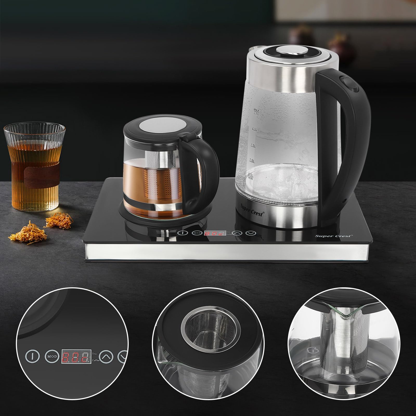 Hervidor eléctrico con ajuste de temperatura, 2,5 L + 1 L, tetera de vidrio, tetera eléctrica multifuncional con colador de té, 1800 W