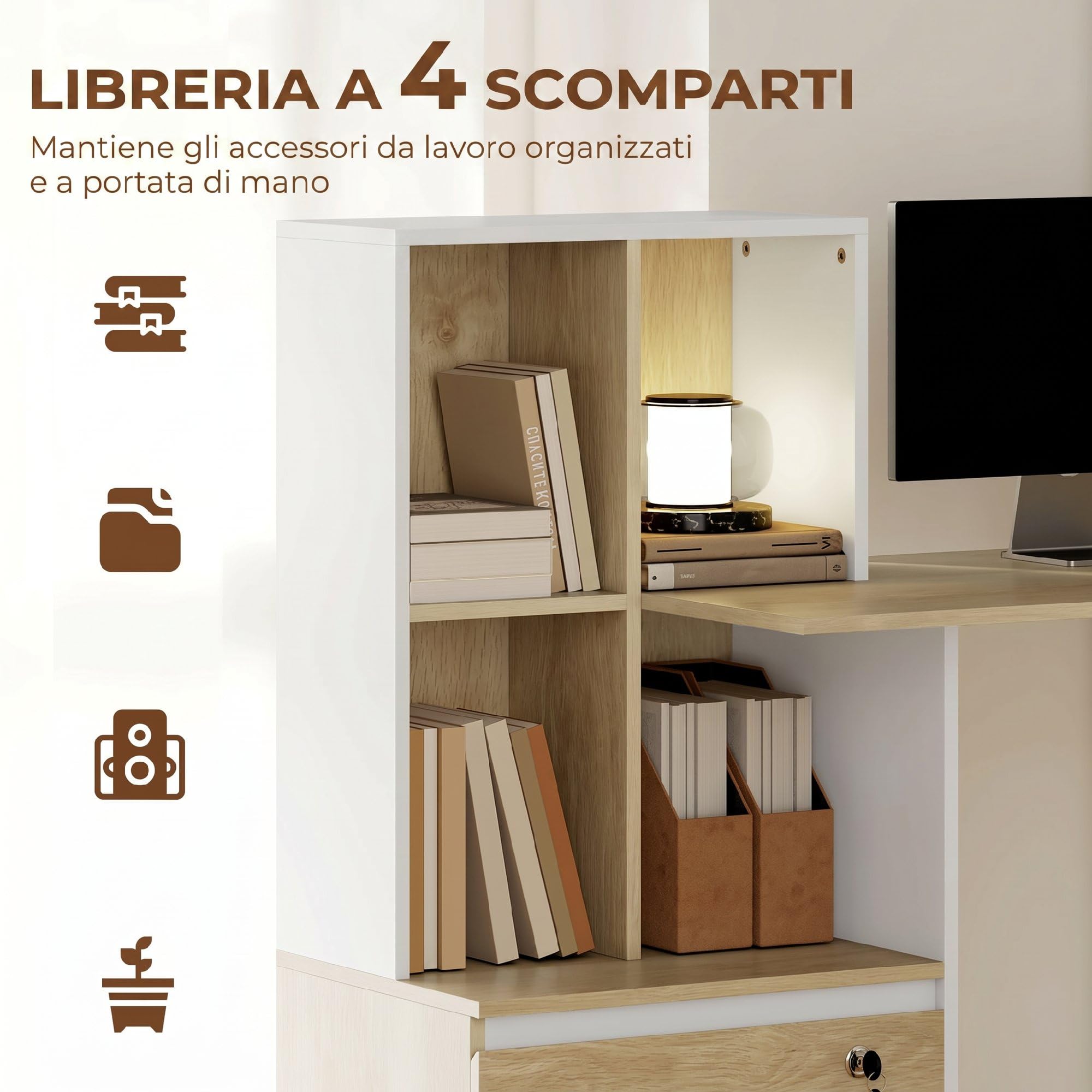 HOMCOM Scrivania con Libreria con Chiave Cassetto A4 126x50x109 cm Bianco | Serratura, Lettera, Legale, 2 Chiavi, Scrivania Salvaspazio, Tavolo per Computer, Casa Ufficio Studio Camera da Letto