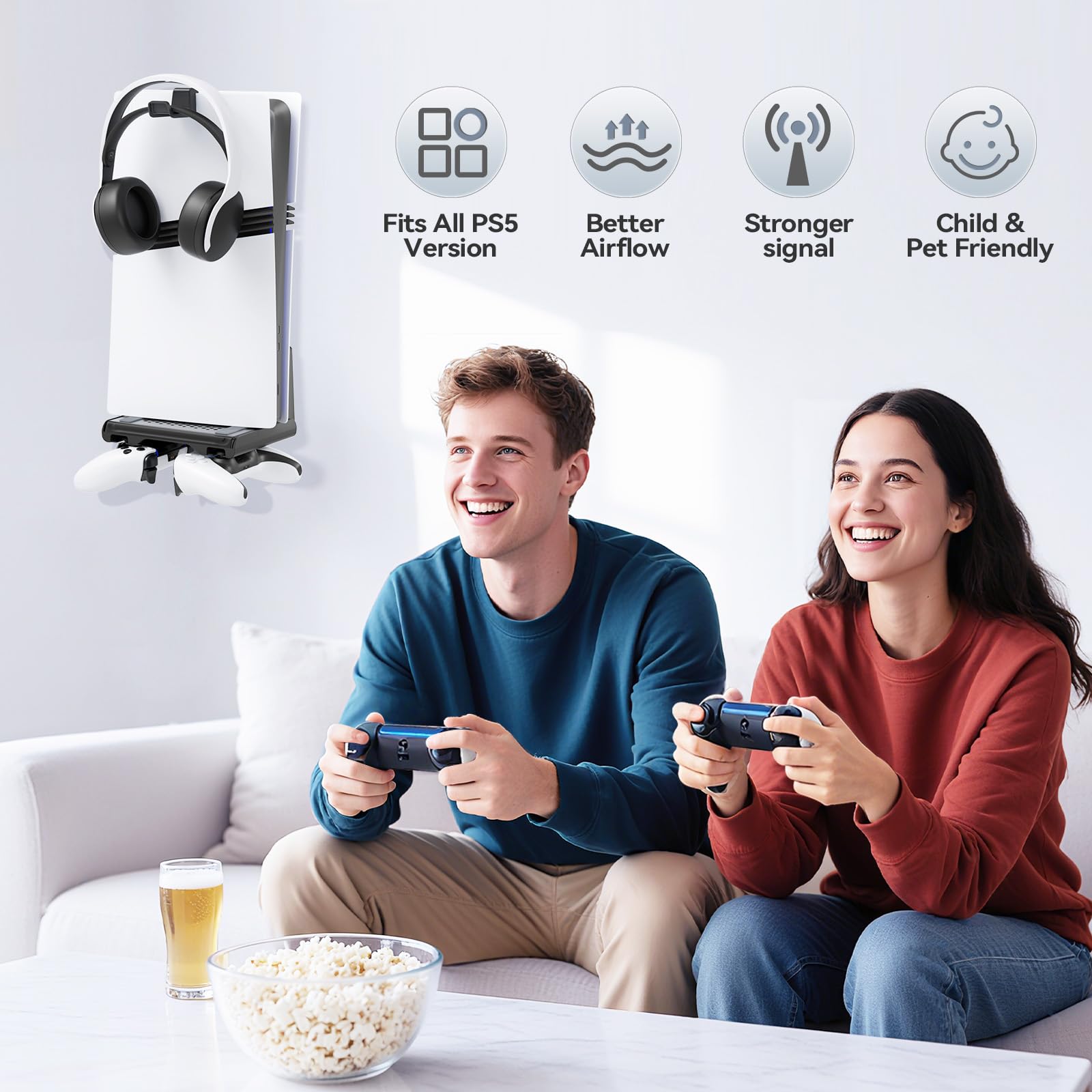 Supporto Parete PS5 per PS5/Slim/Pro Disc & Digital, Supporto Verticale PS5 Può Ospitare due Controller P5, Supporto Playstation 5 da Muro e Kit di Accessori, Base PS5 con Gancio per Cuffie (Nero)