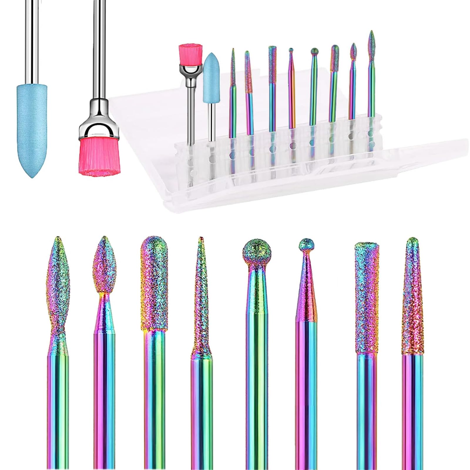 Nail Drill Bits Sets,10pcs Professional 3/32" Diamond Cuticle Electric Nail File/Ceramic Acrylic Gel Nail Bit Kit,Carbide Remover Bits for Manicure Pedicure,Home Salon