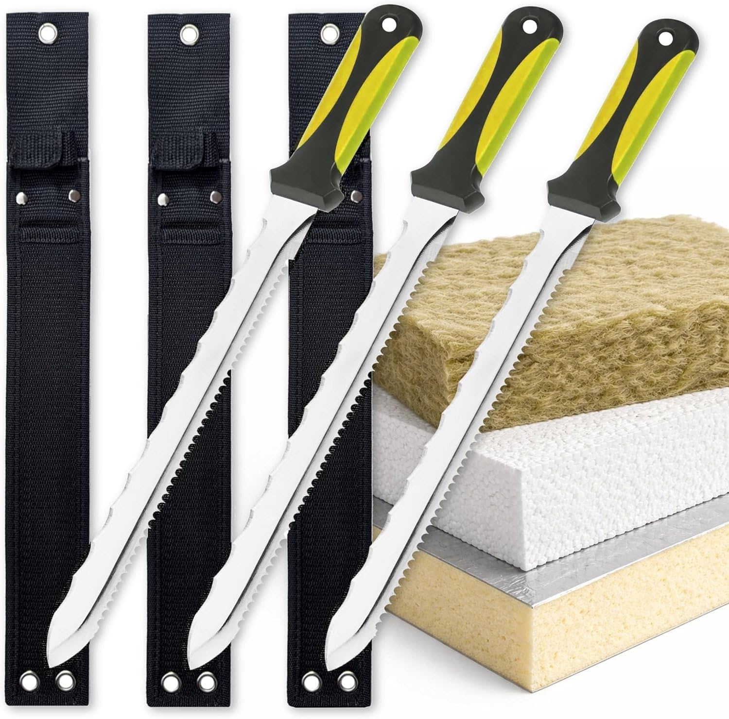 3 Pack Professional Insulation Saw, Stainless Steel Serrated Saw Foam Cutters for Loft Insulation, Rockwool, Polystyrene & PIR/XPS Foam Board – Ergonomic Two-Component Handle, Safety Sheath
