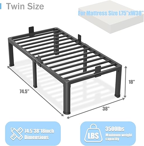 Miniatura 78 de Base de cama de tamaño matrimonial de 18 pulgadas con patas de esquina redondas, tapón deslizante de colchón, plataforma de metal resistente de 3500