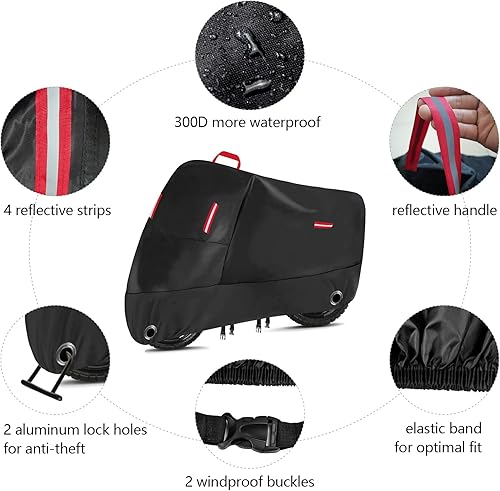 Miniatura 2 de Funda para motocicleta resistente 300D, resistente al agua, para todas las estaciones, con 2 agujeros de bloqueo y 4 tiras reflectantes, se adapta a