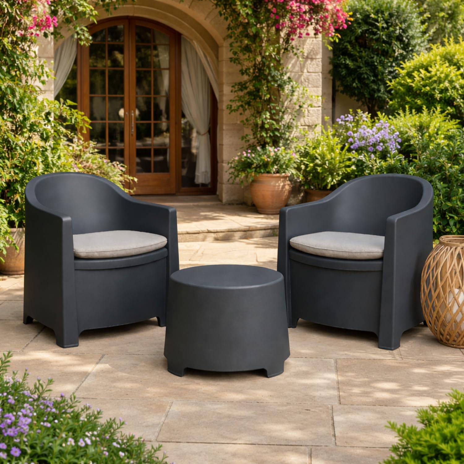 PALUPLUS Set Salottino da Giardino per 2 Persone, 2 Poltrone e 1 Tavolino, Cuscini, Antracite
