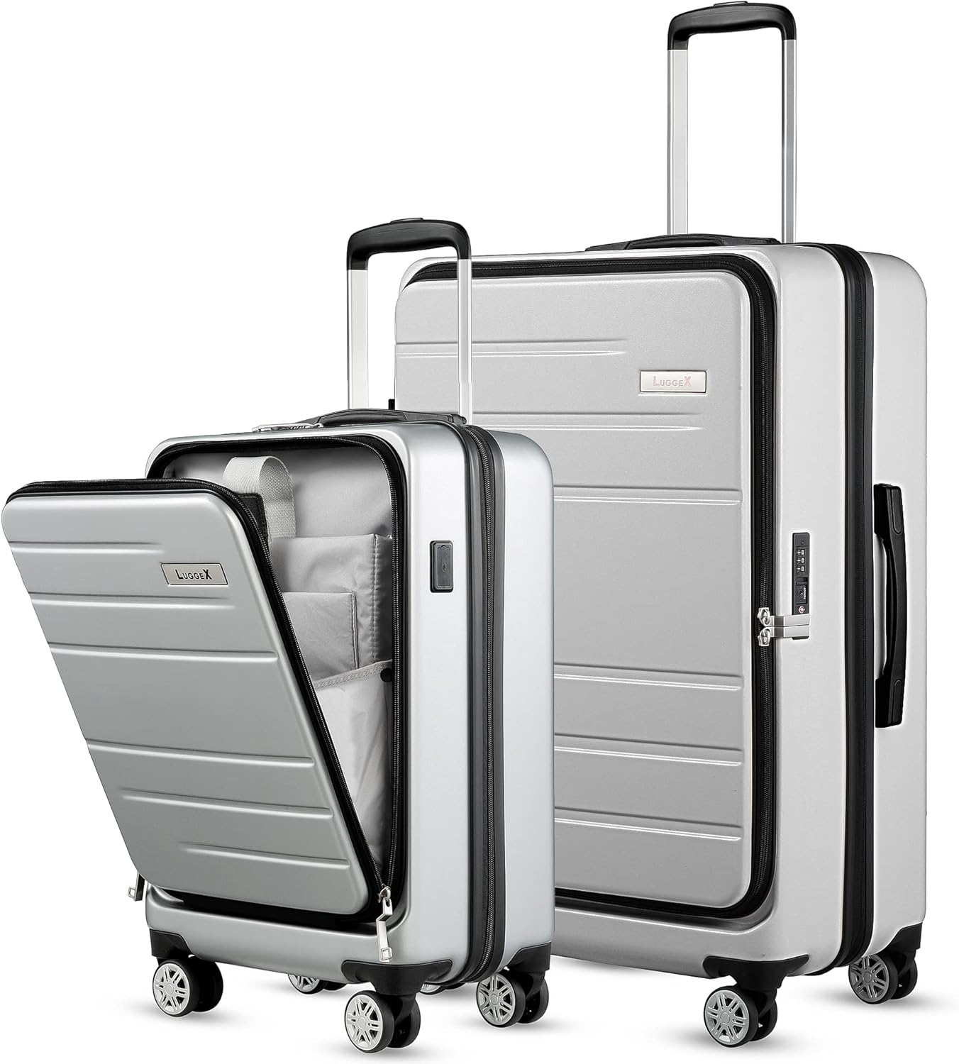 LUGGEX Luggage Sets 2 Pieces, 20 Inch Carry On Luggage with USB Port and 26 Inch Checked Suitcase with Front Opening, Only 26" Expandable (Silver, 20/26) Silver 2 Piece (20/26)