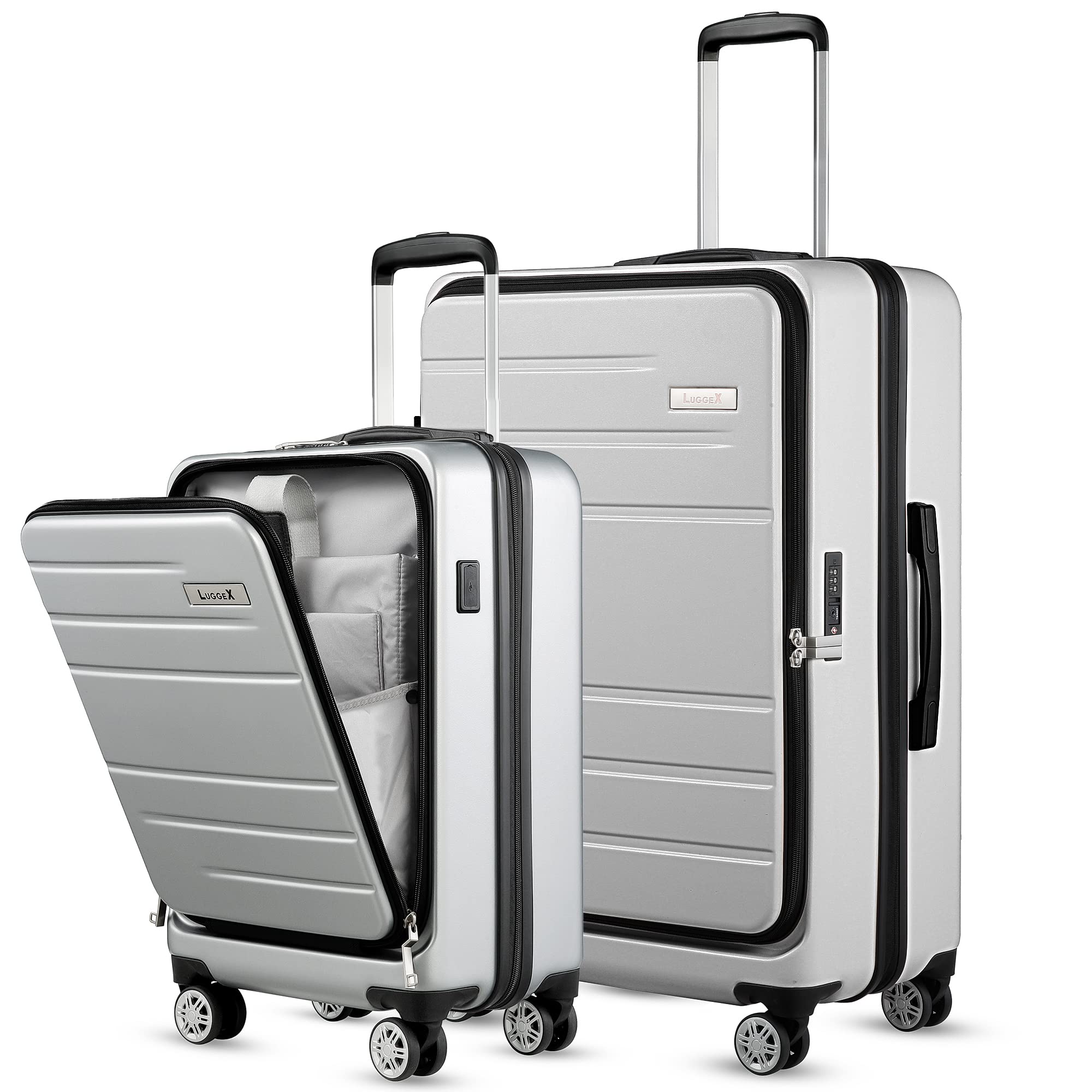 LUGGEX Silver Luggage Sets 2 Pieces, 20 Inch Carry On Luggage with USB