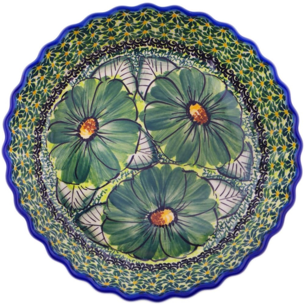 Authentic Polish Pottery Fluted Pie Dish Signature UNIKAT in Green Fantasy Design Handmade in Boles?awiec Poland by Ceramika Dalia + Certificate of Authenticity