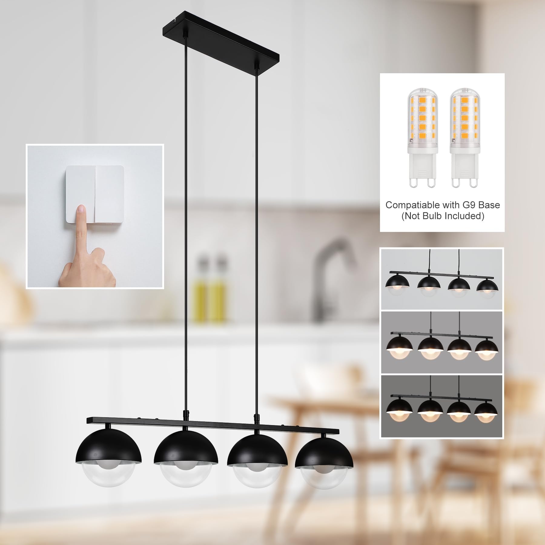Litake Pendelleuchte Esstisch Glas Hängelampe 4-flammig Modern Metall in Schwarz Retro Hängeleuchte Industrial Höhenverstellbar für Esszimmer Restaurant Café Max.60W 4 x G9(ohne Leuchtmittel)