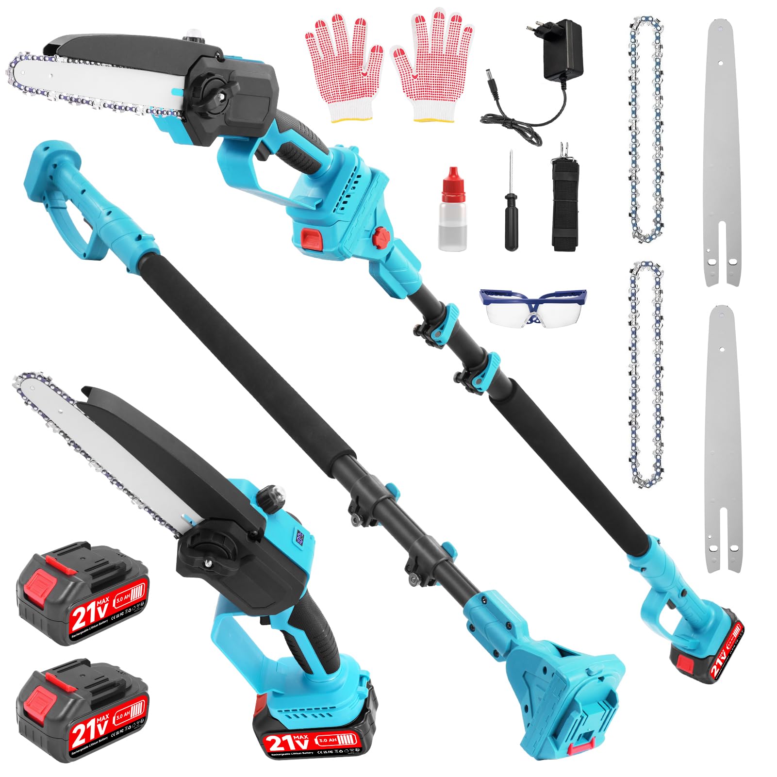 Mini motosierra 2 en 1 de 8 pulgadas con barra telescópica, batería de podadora, motosierra profesional, sierra telescópica con batería de 2 x 3,0 Ah, altura de trabajo de hasta 6,7 pies, para ramas