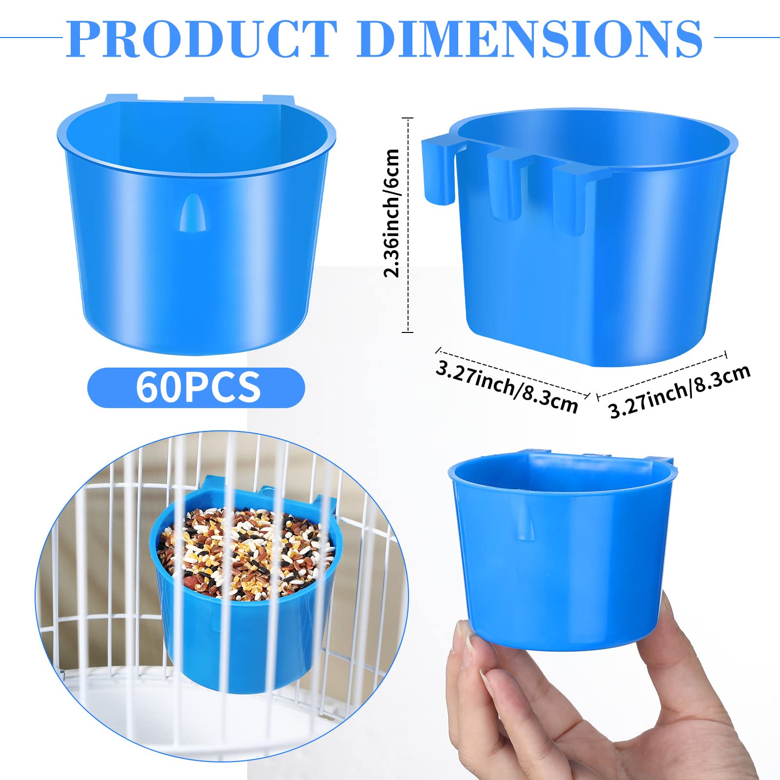 Lot de 60 bols à suspendre en forme de cage pour oiseaux - 237 ml - En plastique - Pour poulet, perroquet, perruche (bleu)