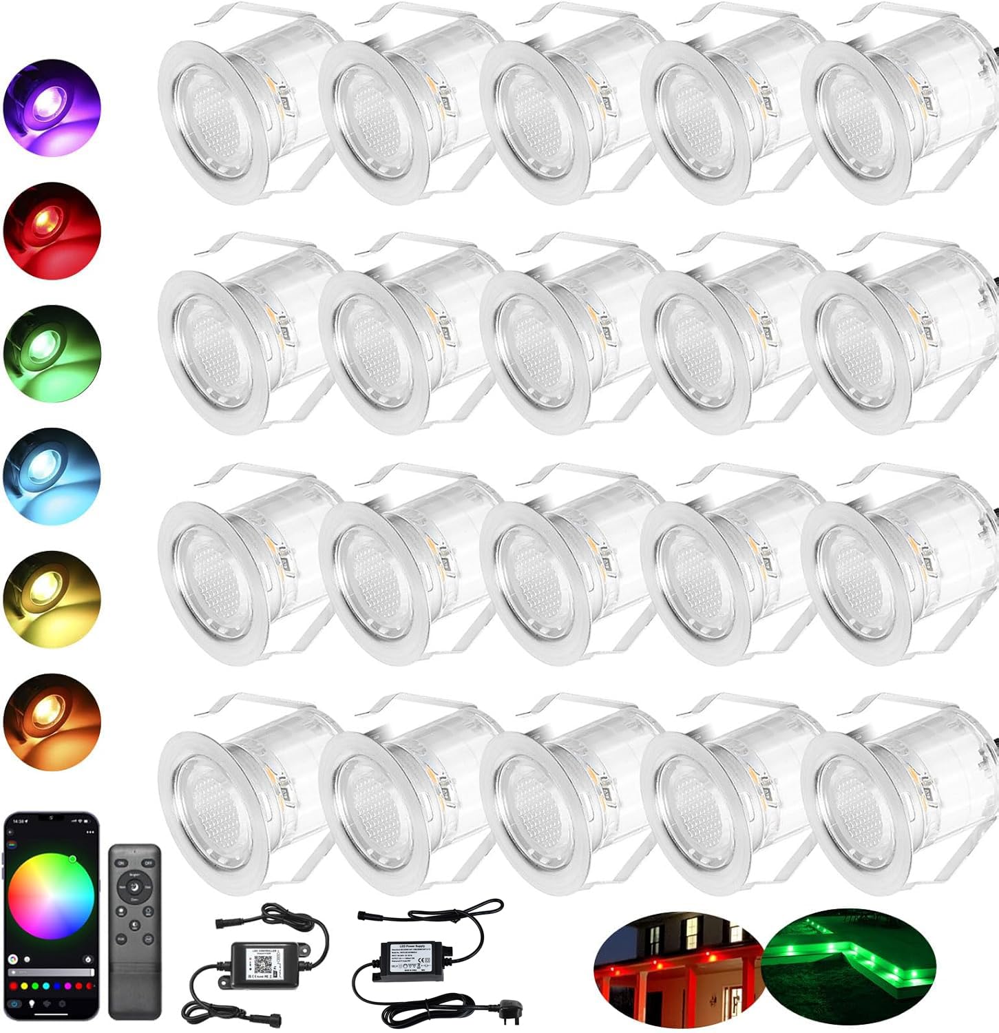Indarun Rgb + Wifi Controller Rgb Wifi Led Decking Lights Waterproof Ip67 Ø30mm - Led Plinth Lights For Terrace/Patio/Path/Wall/Garden/Decoration, 20 Packs