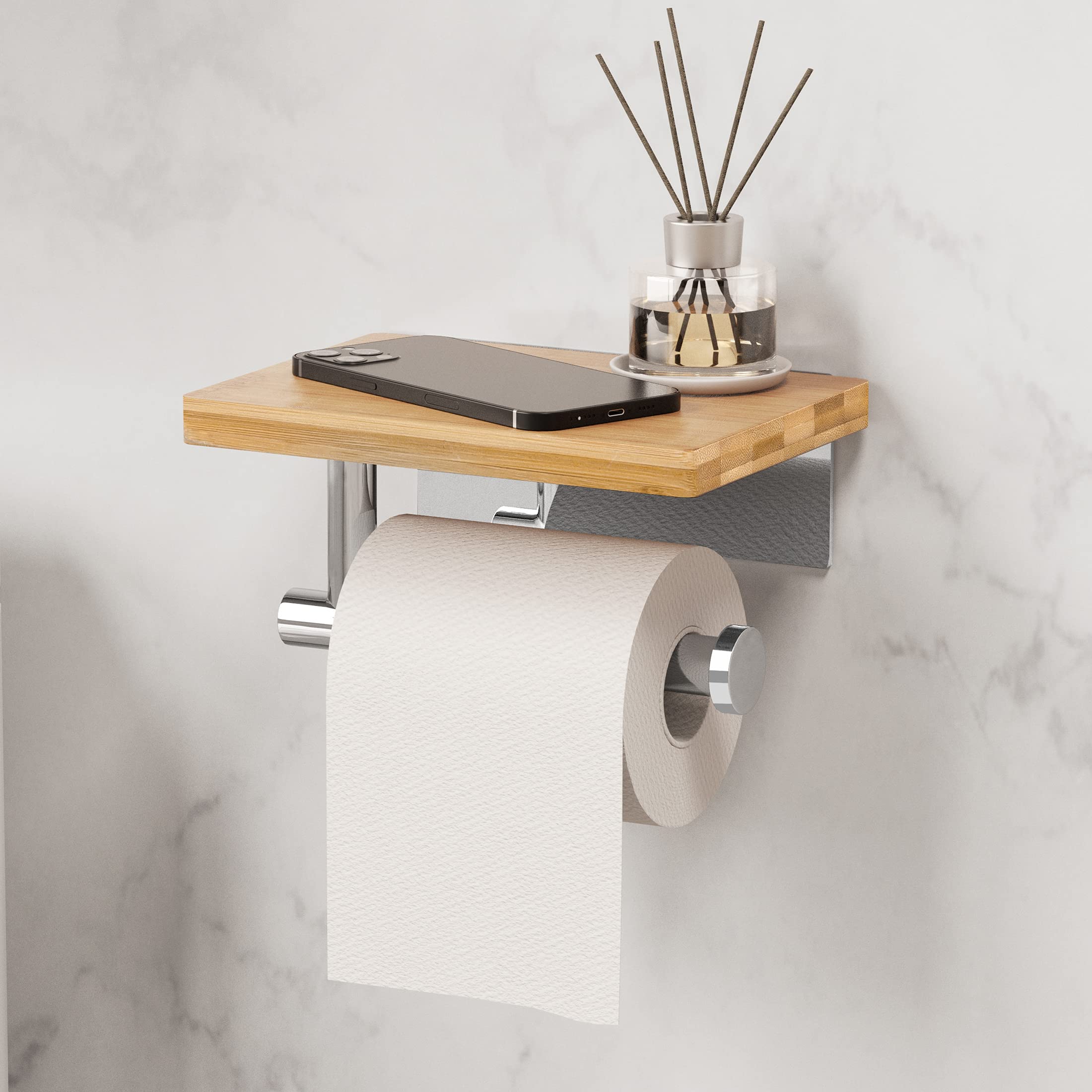 HomeHeng Porte-Rouleau Papier Toilette Bambou Avec Étagère - Nickel Brossé - Installation Sans Perçage - H98903BN