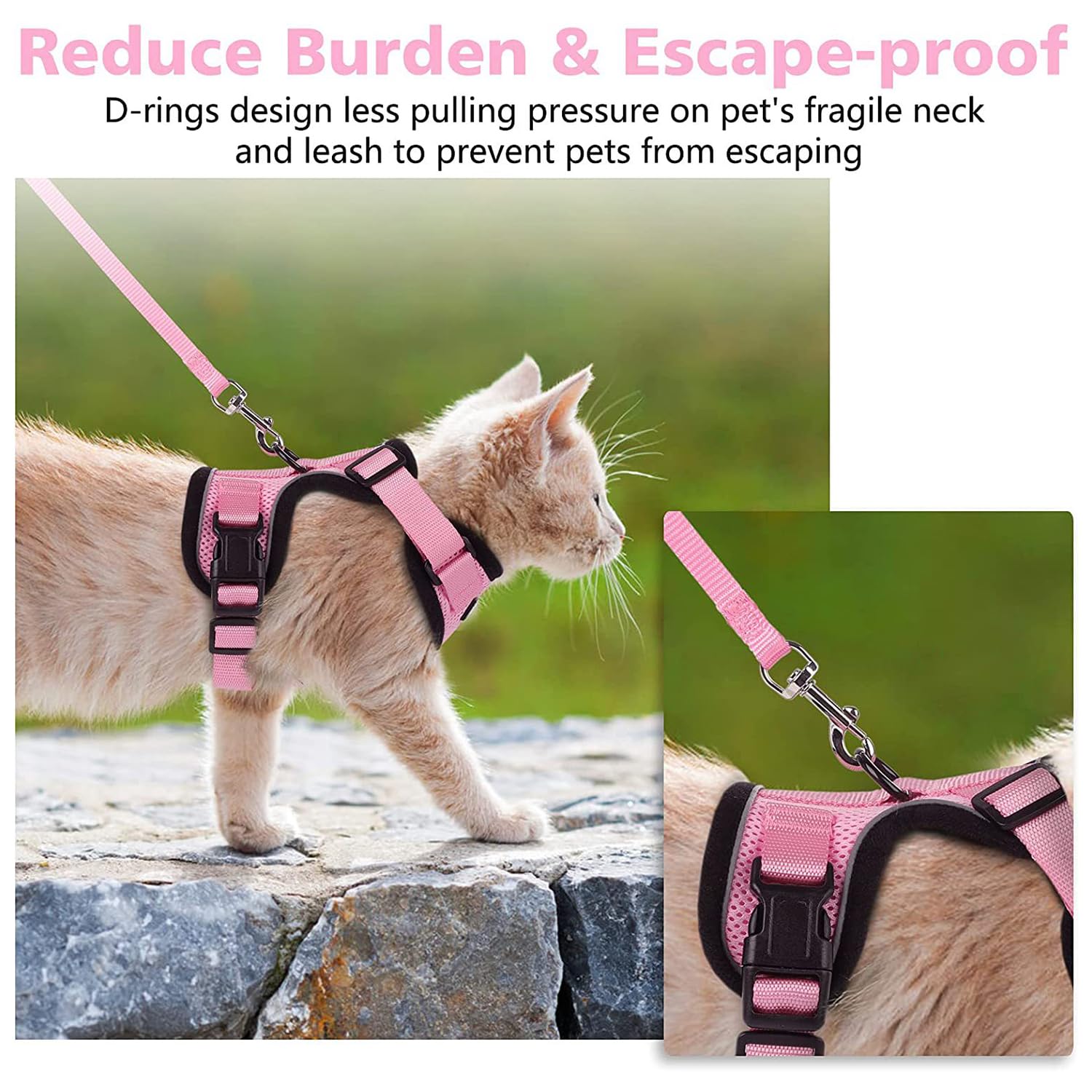 Cat Harness Mesh Traspirante Regolabile Riflettente Guinzaglio per Gatti Cuccioli (S, Rosa)