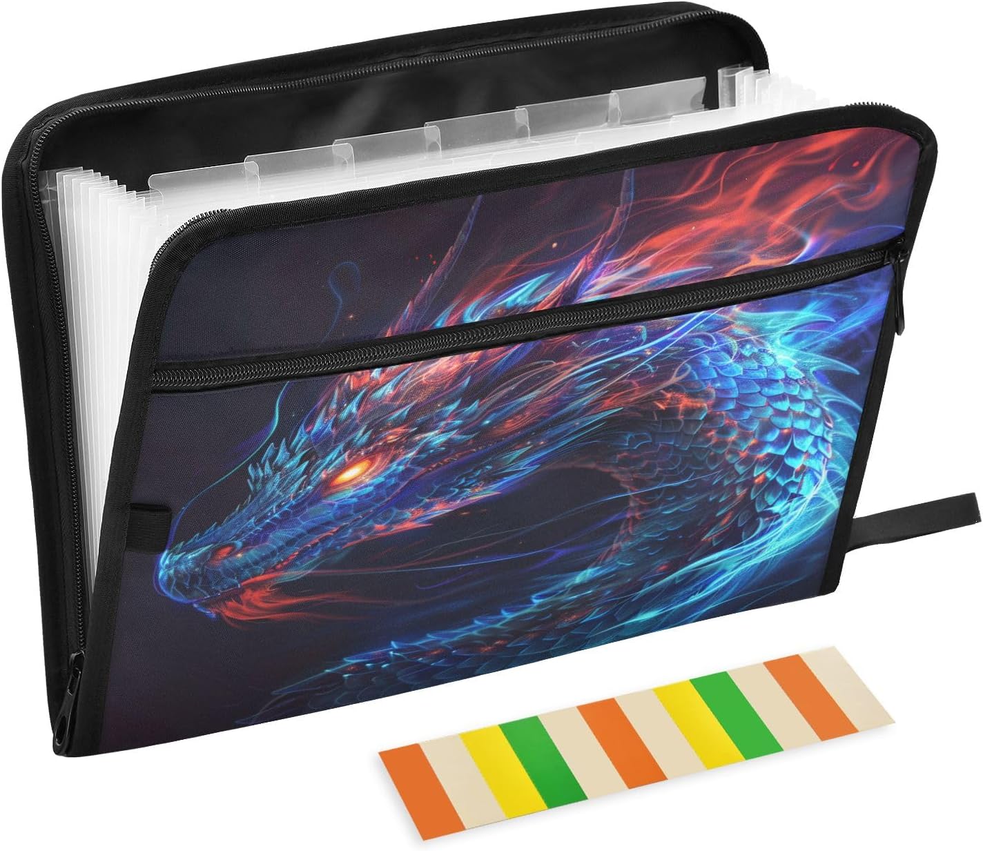 Magic Blue and Red Dragon Expanding File Folder, 13 Pockets Accordion File Organizer with Sticky Labels Zipper Portable A4 Document Organizer for Home Office School Supplies