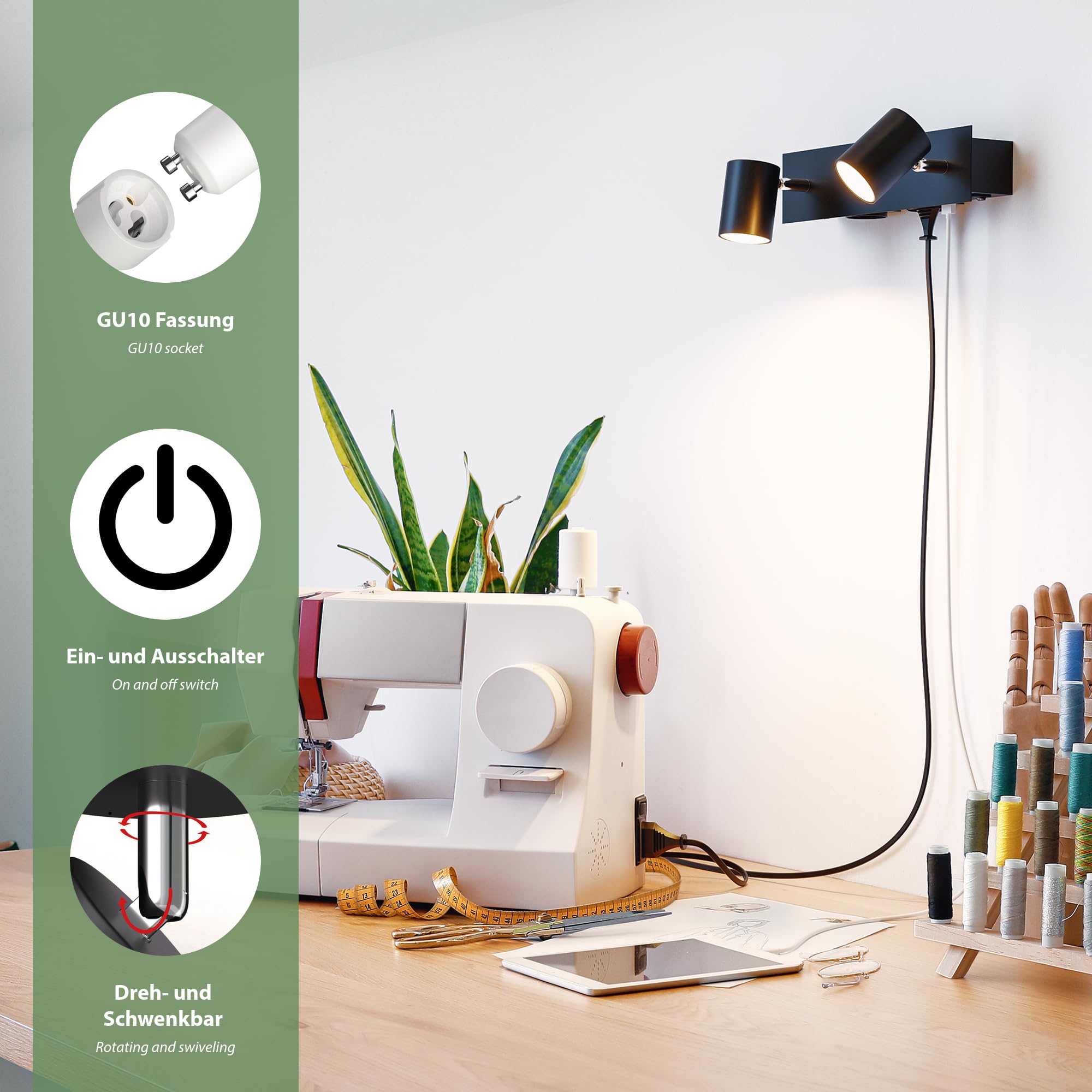 ledscom.de Wandspot WAIKA, 2-flammig, schwarz, Steckdosen, USB-C, USB-A, inkl. LED GU10 Lampen, 3-Stufen-Dimmer, je 374lm, 70°, warmweiß