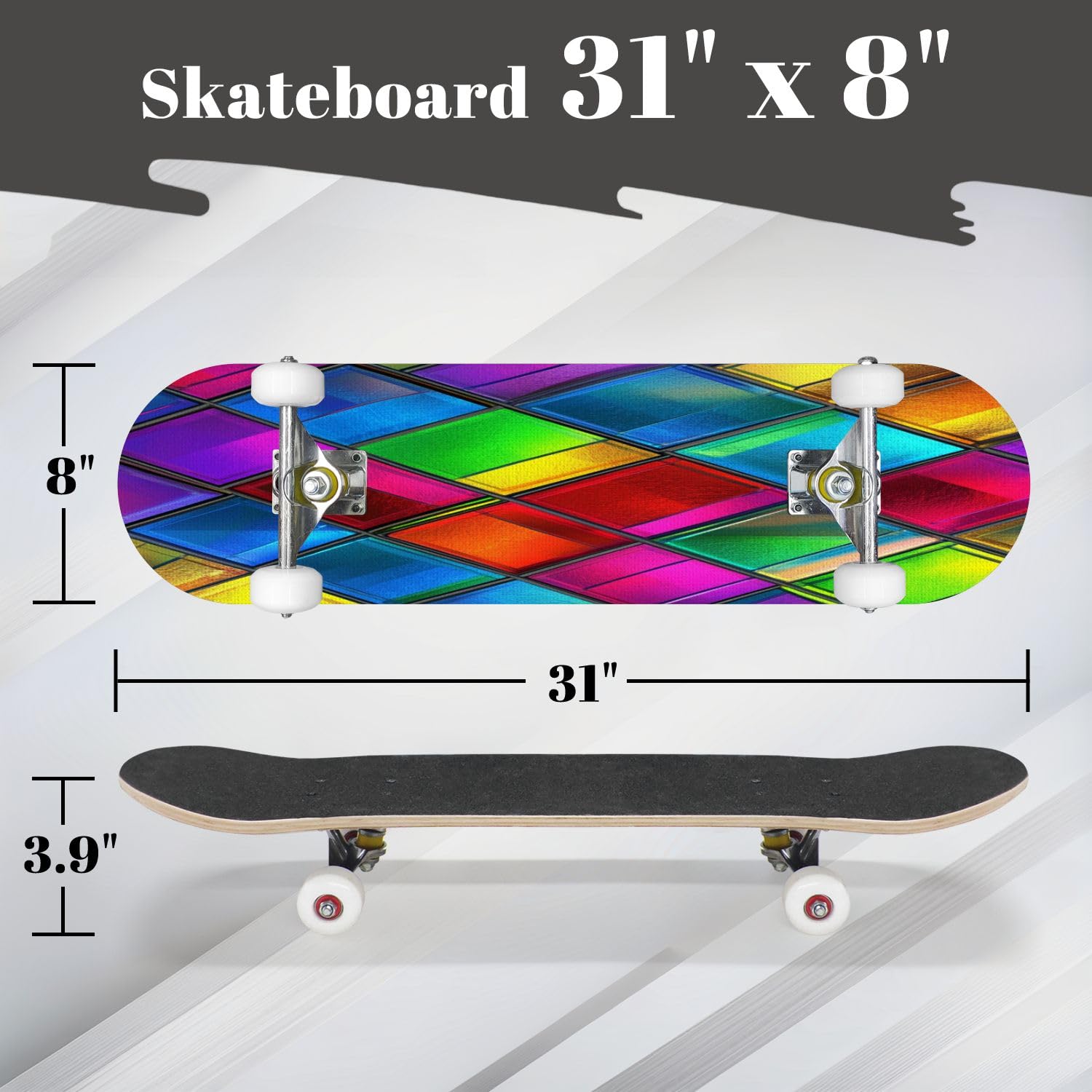 Complete Skateboard with Stained Glass Seamless Texture Colored Glass Rhombus for Beginner Skateboard 7-Layer Maple Wood Double Kick Concave Skateboards for Kids, Adults, Teens 31