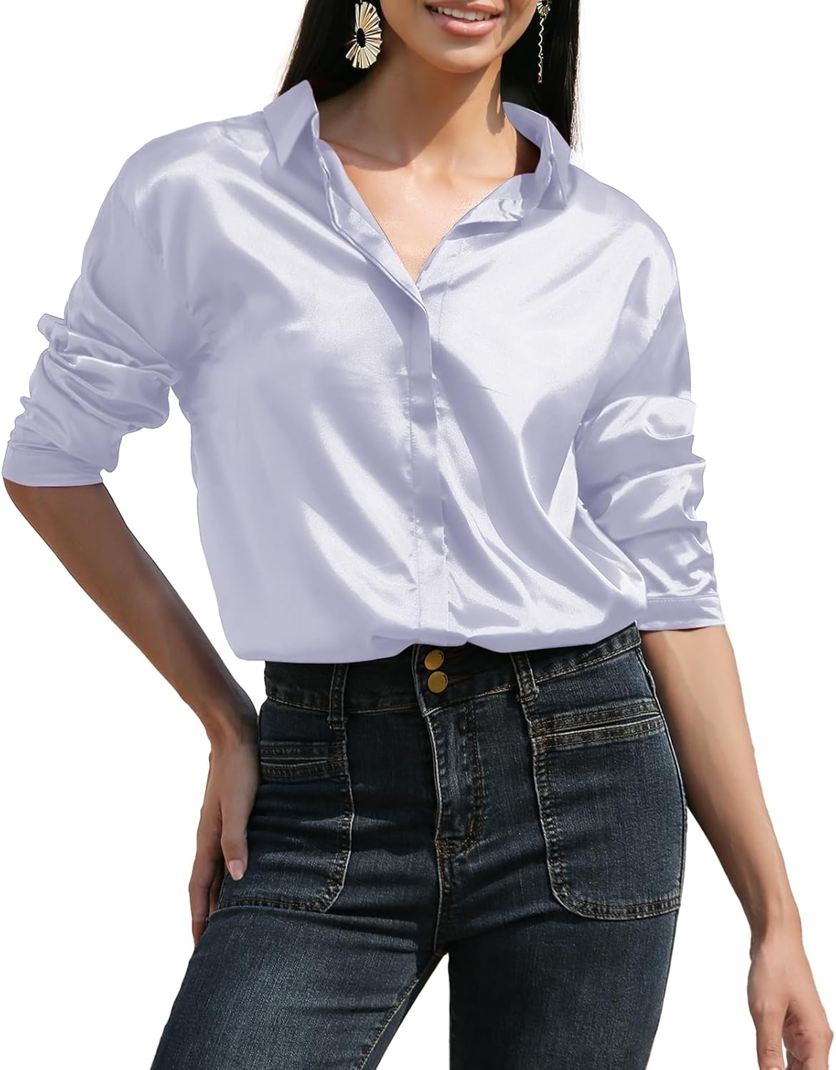 Women's Long Sleeve Satin Shirt - Silk-Like Elegant Dress Shirt with One Collar Button Closure for Office Ladies