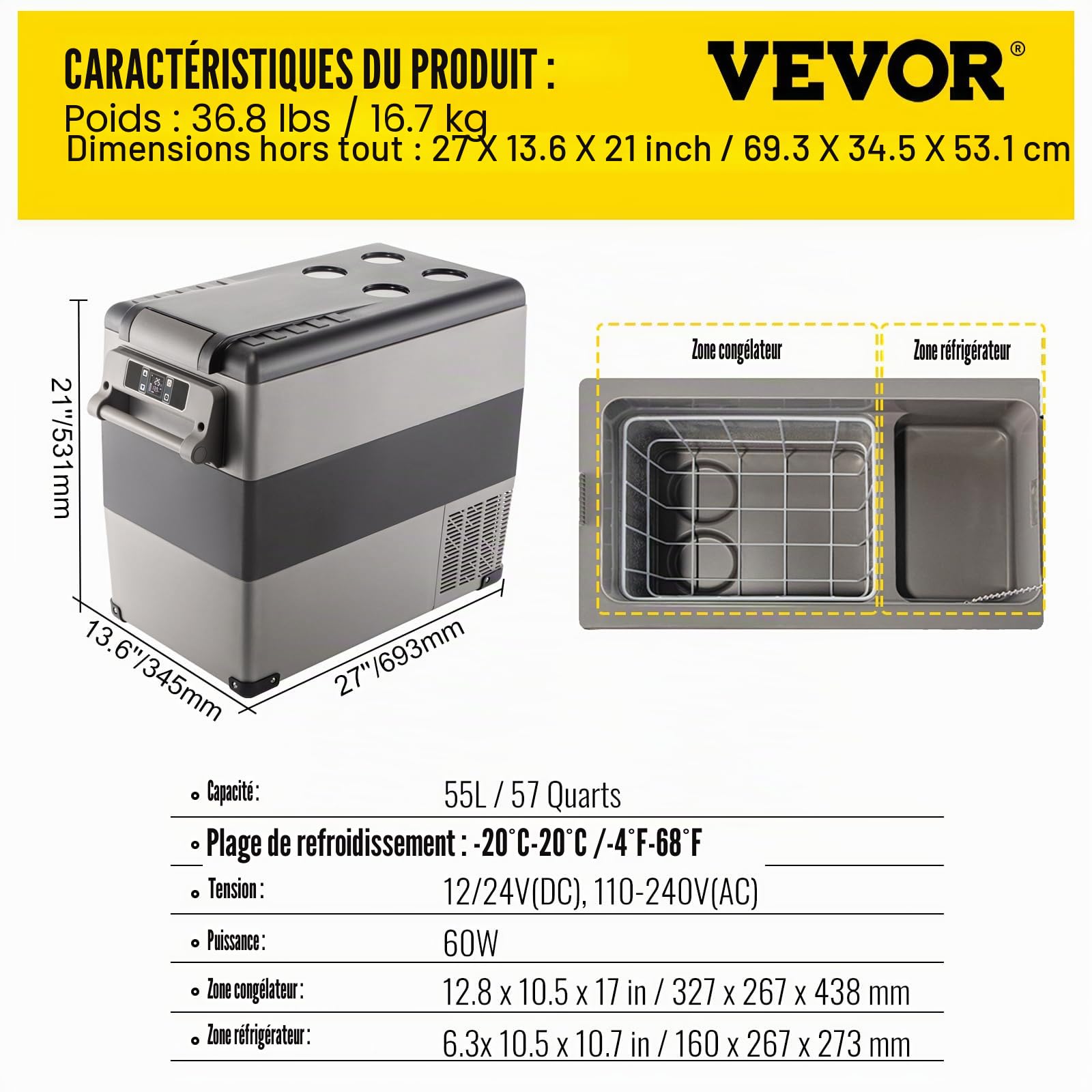 VEVOR Glacière Électrique Voiture, 55 L, Réfrigérateur Portable à Compression, Mini Frigo, 69x34,5x53,1 cm, Mini Congélateur avec Panneau Numérique -20 à 20 ℃ pour Maison/Voiture/Camping