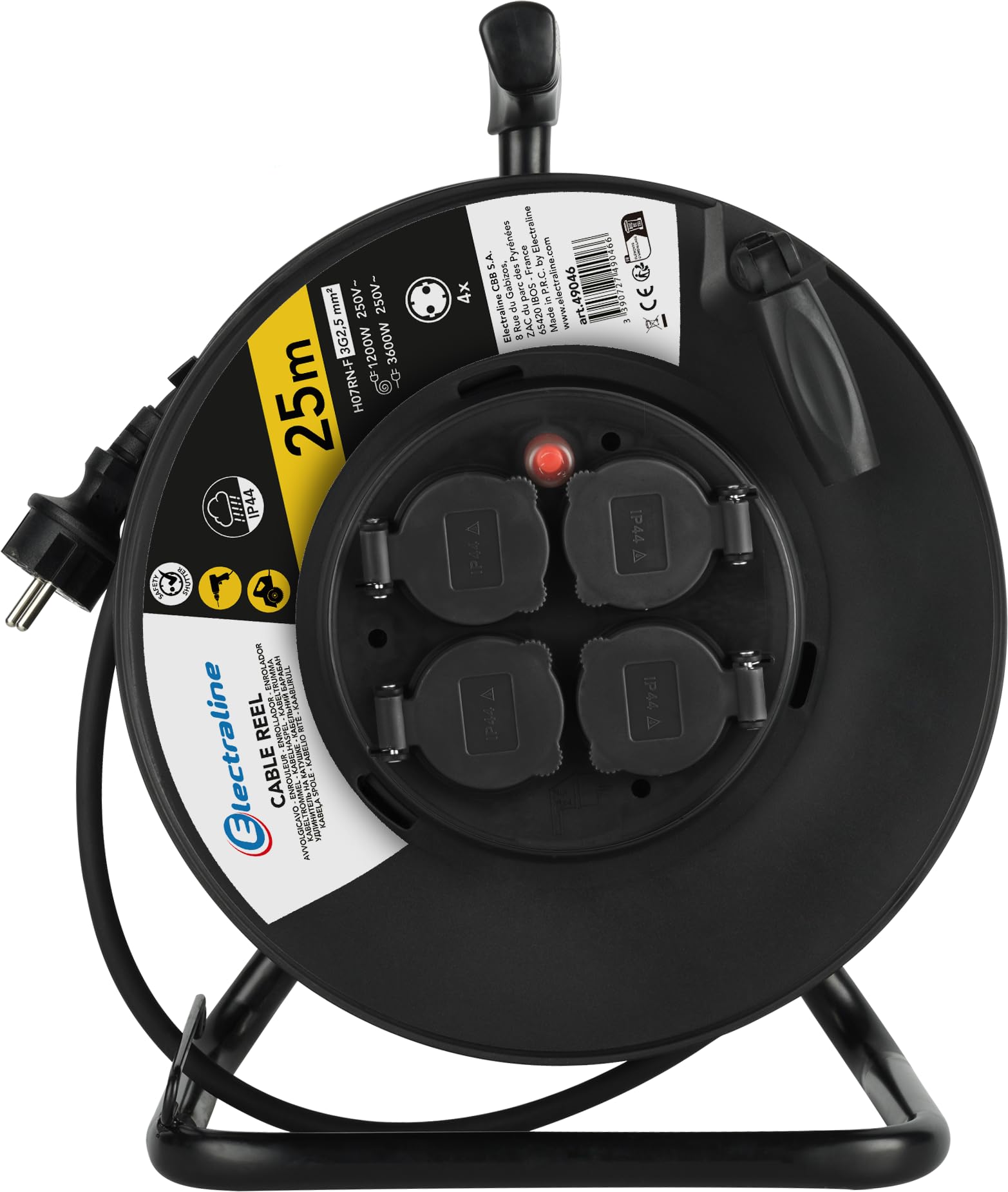 Electraline 49046, profesjonalny bęben kablowy, kabel H07RN-F 3G2.5, rolka kablowa 25 m z 4 gniazdami Schuko, IP44