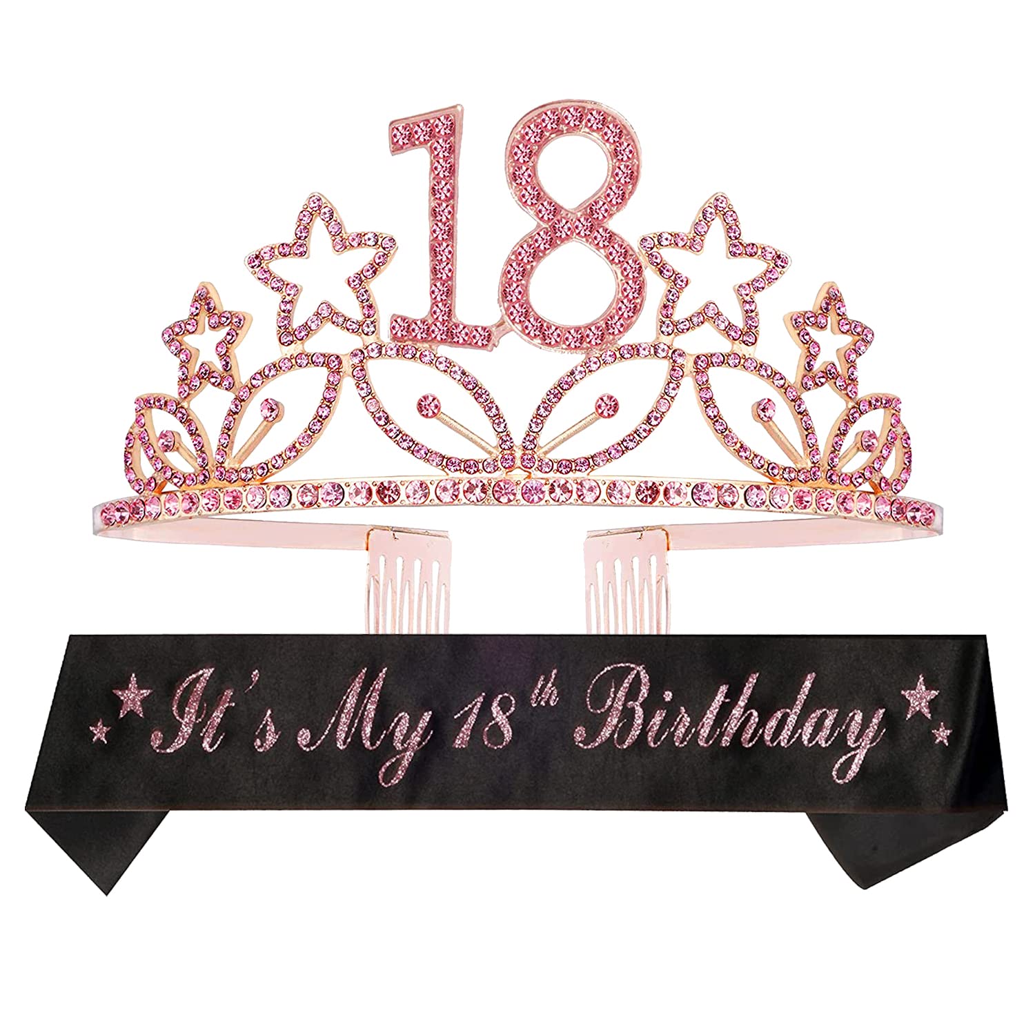 18th Birthday Sash and Tiara for Women - Fabulous Set: Glitter Sash + Stars Rhinestone Pink Premium Metal Tiara, 18th Birthday Gifts for Women Party