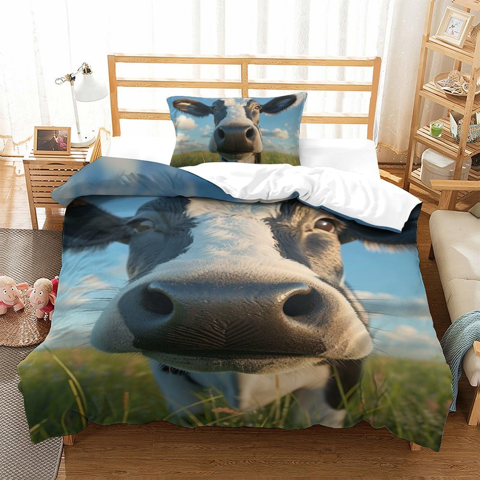 Housses de couettes vache 3D microfibre anti-plis, parure lit douce 135x200cm