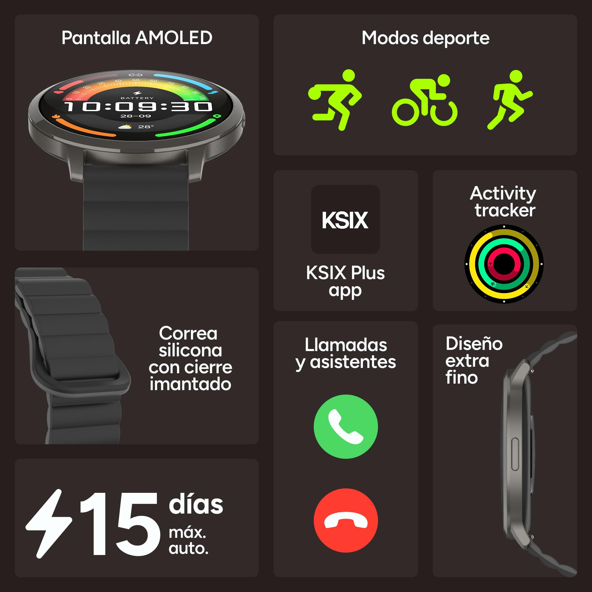 KSIX Smartwatch Core 3 MAX Go - Reloj Inteligente Hombre Pantalla AMOLED 1.73", Diseño Ultra Fino, Llamadas, Correa Silicona Magnética, IP68, Compatible con iPhone®, Android® y Samsung® - Negro