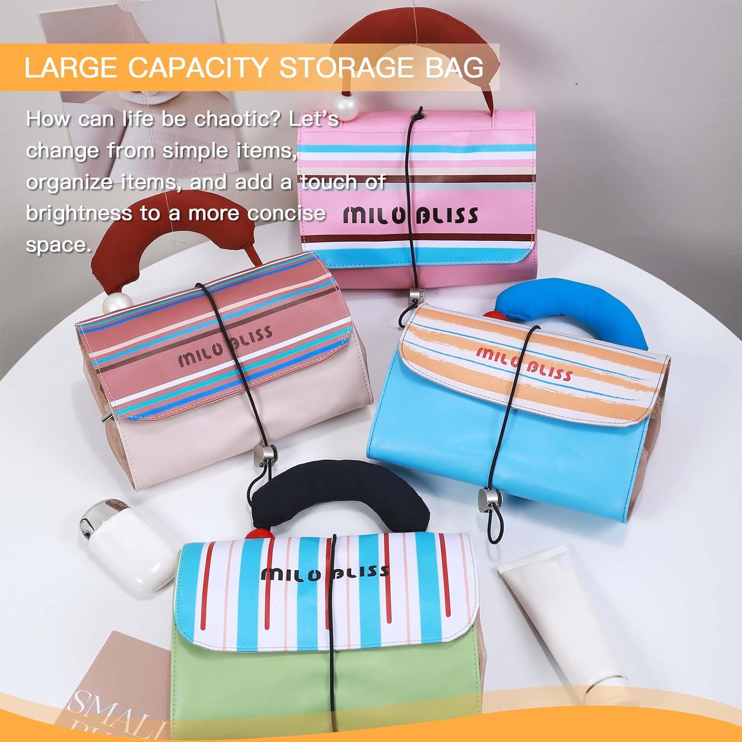 Striped Foldable Makeup Bag Travel Toiletries Organizer, 4-in-1 Detachable Multi-Compartment Cosmetic Bag For Women Travelers - Portable Toiletries Travel Bag & Makeup Organizer (carneose)