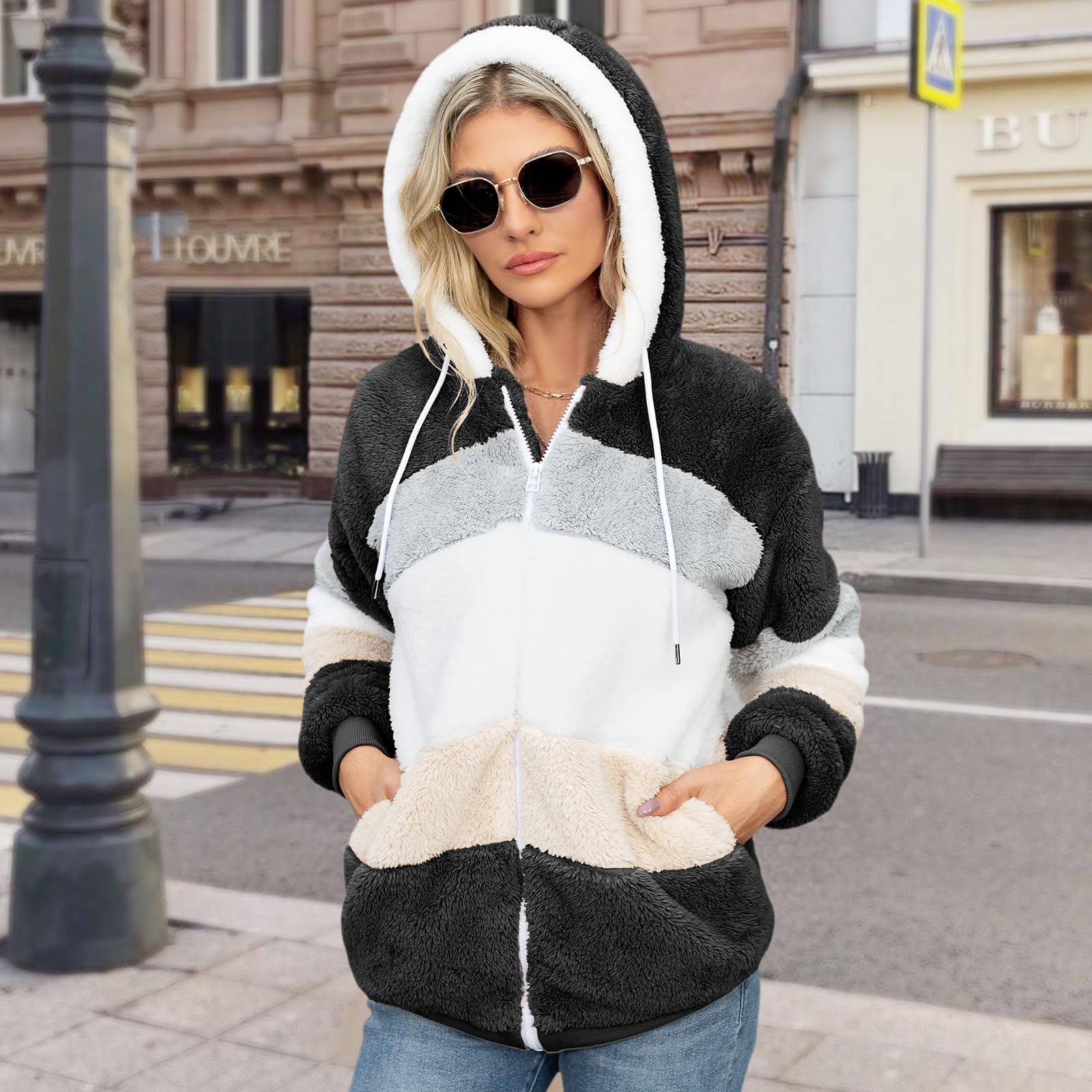 CMTOP Damskie pluszowe bluzy z kapturem, polar, płaszcz zimowy, ciepła kurtka sherpa, zamek błyskawiczny, kardigan z kapturem, z długim rękawem, pluszowa, puszysta, oversize, bluza z kapturem, odzież