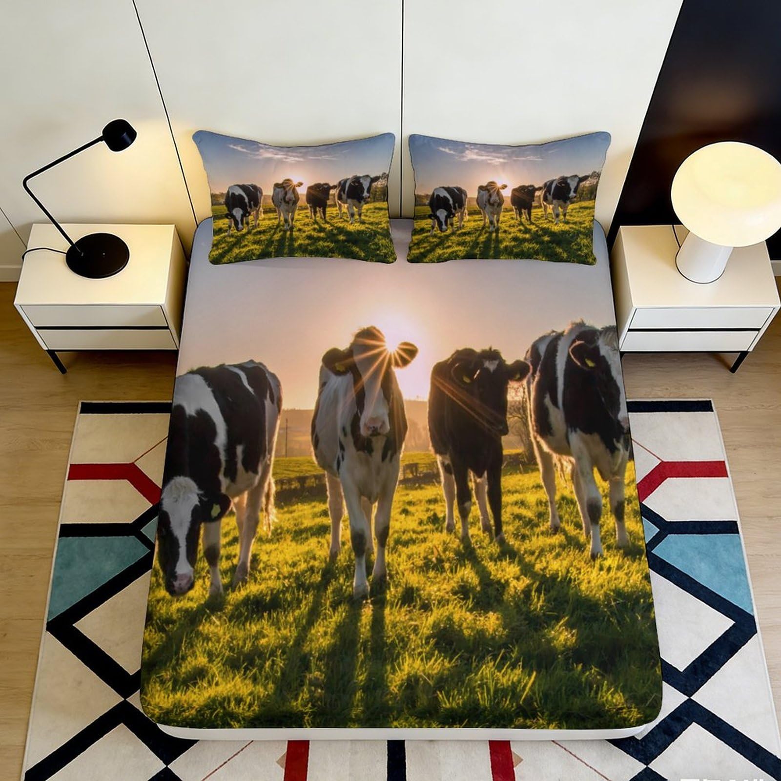 Pnayamiorkfel Style-1 3D Printed Sunrise Pasture Cow Fitted Sheet Microfiber Soft Non-Slip Bed Cover For Bedroom Guest Room Decor 90X200x25cm
