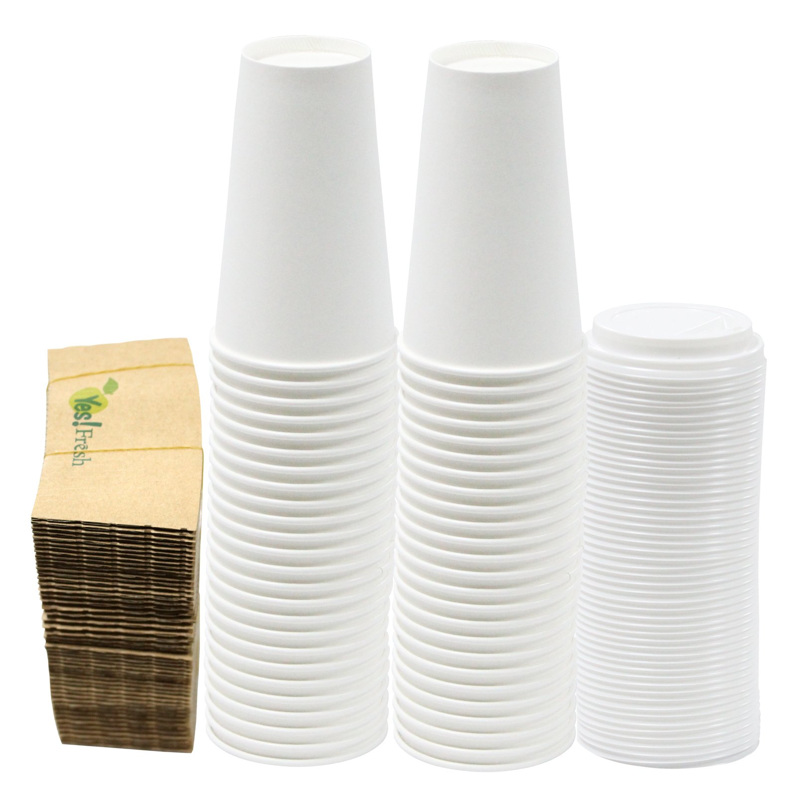 Yes!Fresh Disposable Paper Coffee Cups – To-Go Cups with Lids & Sleeves (Selected Sizes) – For Office, Parties, Home, Travel (White 16 oz 50 count)
