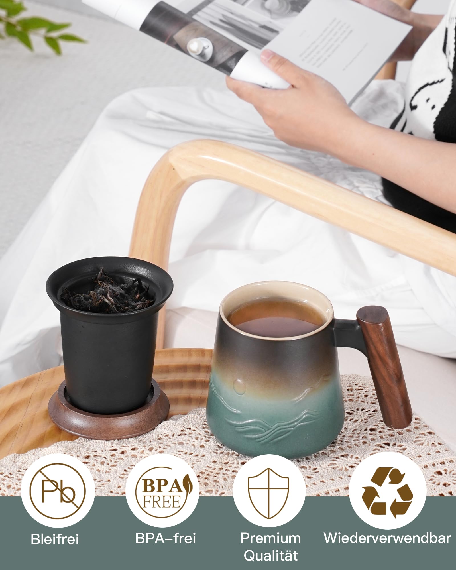 ZENS Teetasse mit Deckel und Sieb, 430ml Holzgriff Groß Teebecher mit Teesieb und Holz Deckel für Losen Tee, Keramik Teetassen Geschenk für Teeliebhaber, Schwarz und Grün