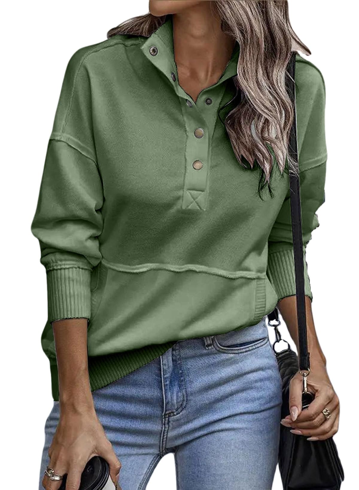 TrendiMax Pullover Damen Herbst Übergangs Sweatshirt Stehkragen Knopfleiste Langarm Pulli Locker Casual Oberteile Streetwear Sweatshirts ohne Kapuze