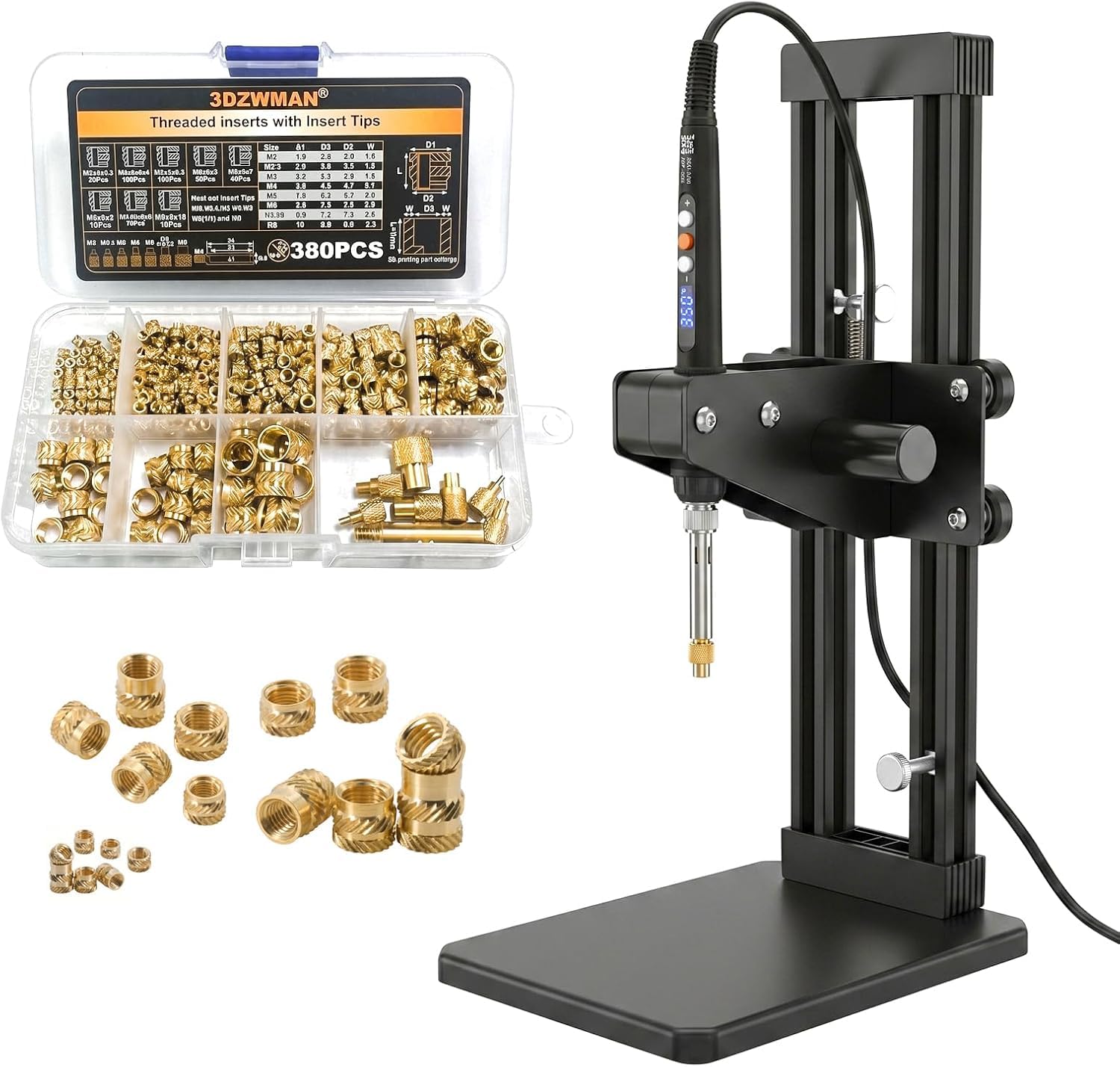 Vertikale Hitze-Pressmaschine,Heat Set Insert Tool,Messing Einsätze 3D Druck,Heat Set Insert Spitze für Gewinde Rändelmutter M2/M3/M4/M5/M6 (1/4)/M8 (ZW12H+380PCS) | Einsteckhöhe 210 mm, mit 380 Gewindeeinsätzen und Schnellwechsel, M2-M8-Größen Wärmeeinsa
