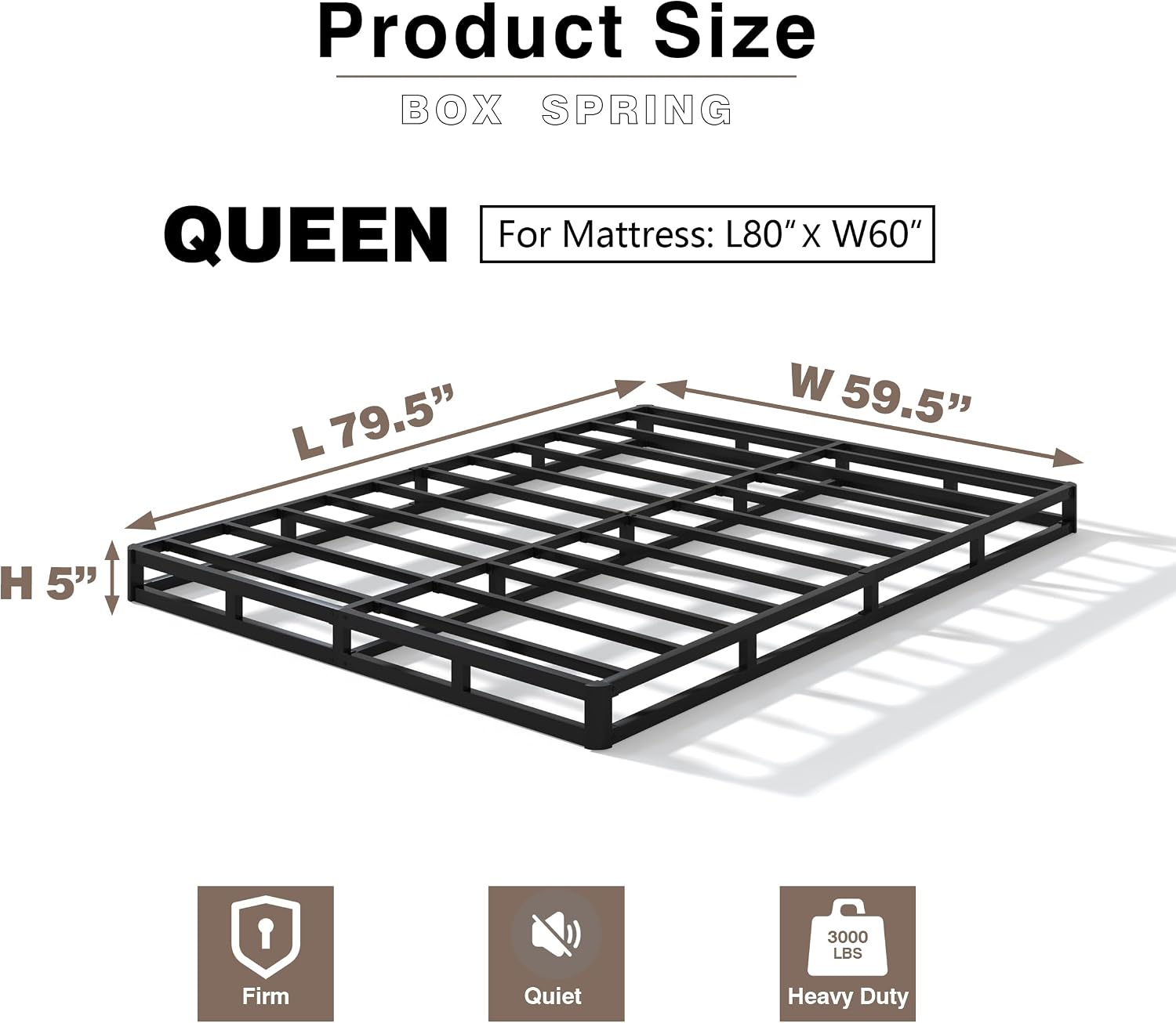5 Inch Heavy Duty Metal Queen Box Spring Mattress Foundation, 3000lbs High Capacity Bed Base with Non-Slip Support, No Noise Structure, Easy Assembly, Durable Fabric Cover, Black