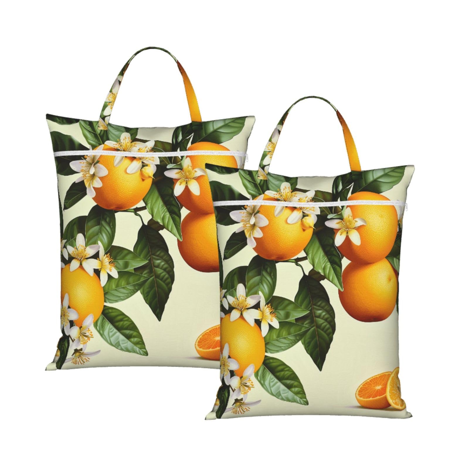 Large Travel Laundry Bags,Yellow Blossom And Orange Fruits Print with Handle Foldable Laundry Bag for Holidays Gym Swimming and Family Trips, 2Pcs