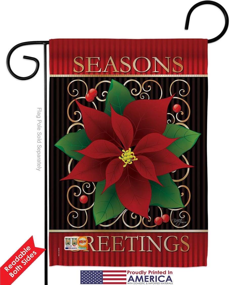 Seasons Greetings Poinsettia Garden Flag Set Wall Holder Wintertime Winter Wonderland Snowflake Snowman Ice Skate Season Snow Small Decorative Gift Yard House Banner Double-Sided Imported 13 X 18.5