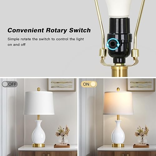 Miniatura 5 de Juego de 2 lámparas de mesa de cerámica blanca de 24 pulgadas para dormitorio, lámparas de noche clásicas modernas para mesita de noche, lámpara