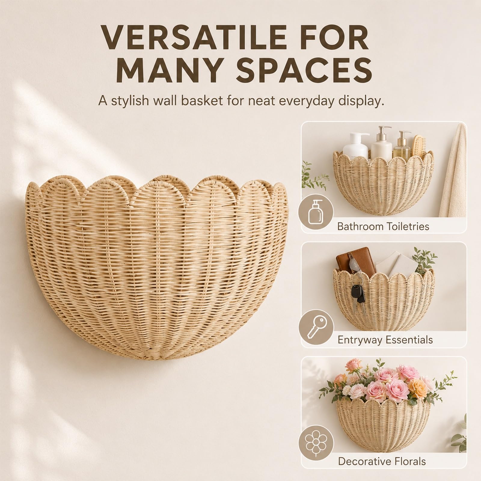 Falowany Kosz Ścienny W Stylu Wiklinowym, Wiszący Organizer Rattanowy Na Rośliny, Kosmetyki, Przedpokój, Kuchnię, Łazienkę I Salon(Rattan,2pcs)