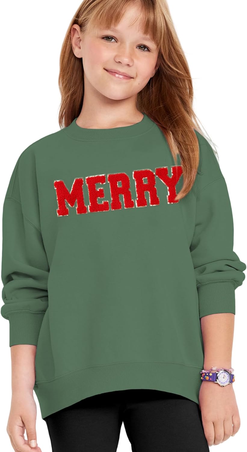 Kids Girl Merry Christmas Sweatshirt Crewneck Fleece Shirts Chenille Patch Xmas Winter Pullover Top 6-12Y