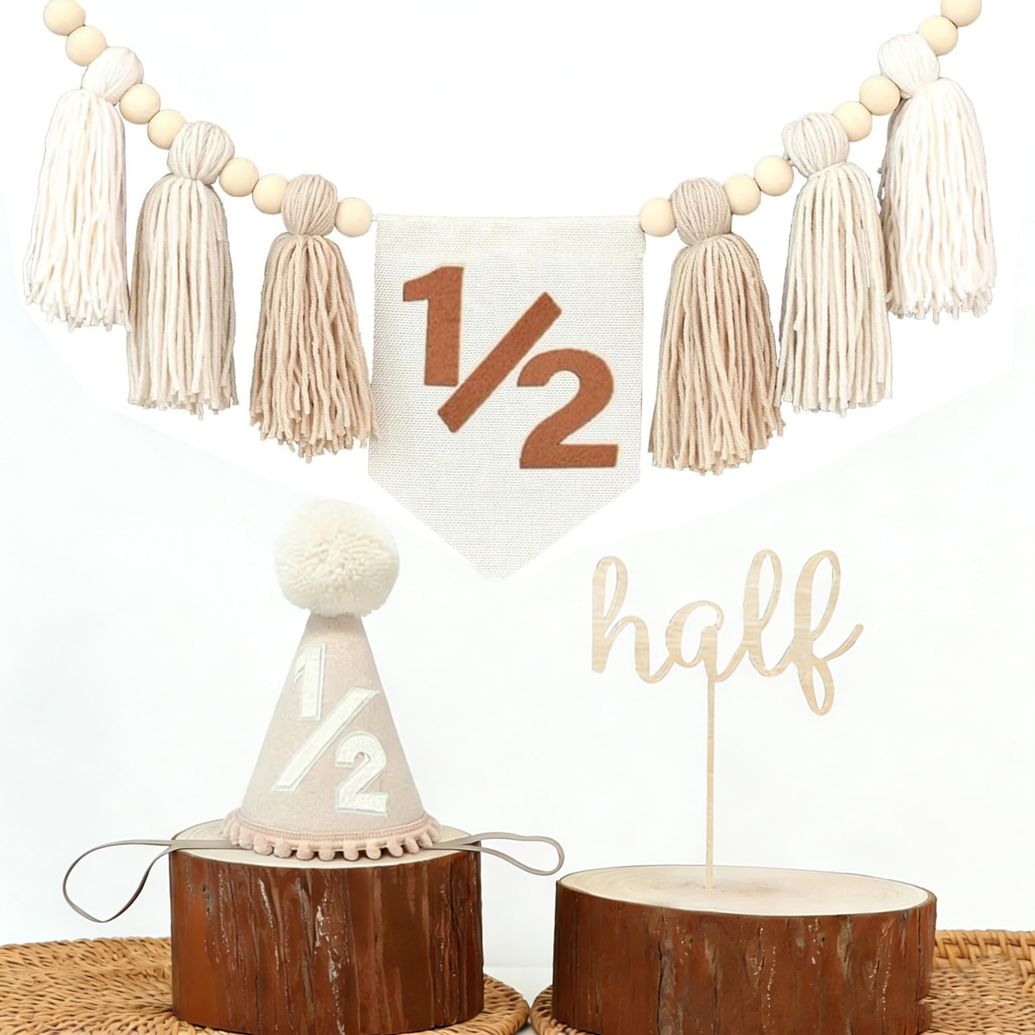 6 Months Half Birthday Decorations for Boys - High Chair Banner with 1/2 Birthdays Tassel Highchair Garland, Handmade Highchair Banner Half Birthdays Crown Hat & Cake Toppers Set — image 1