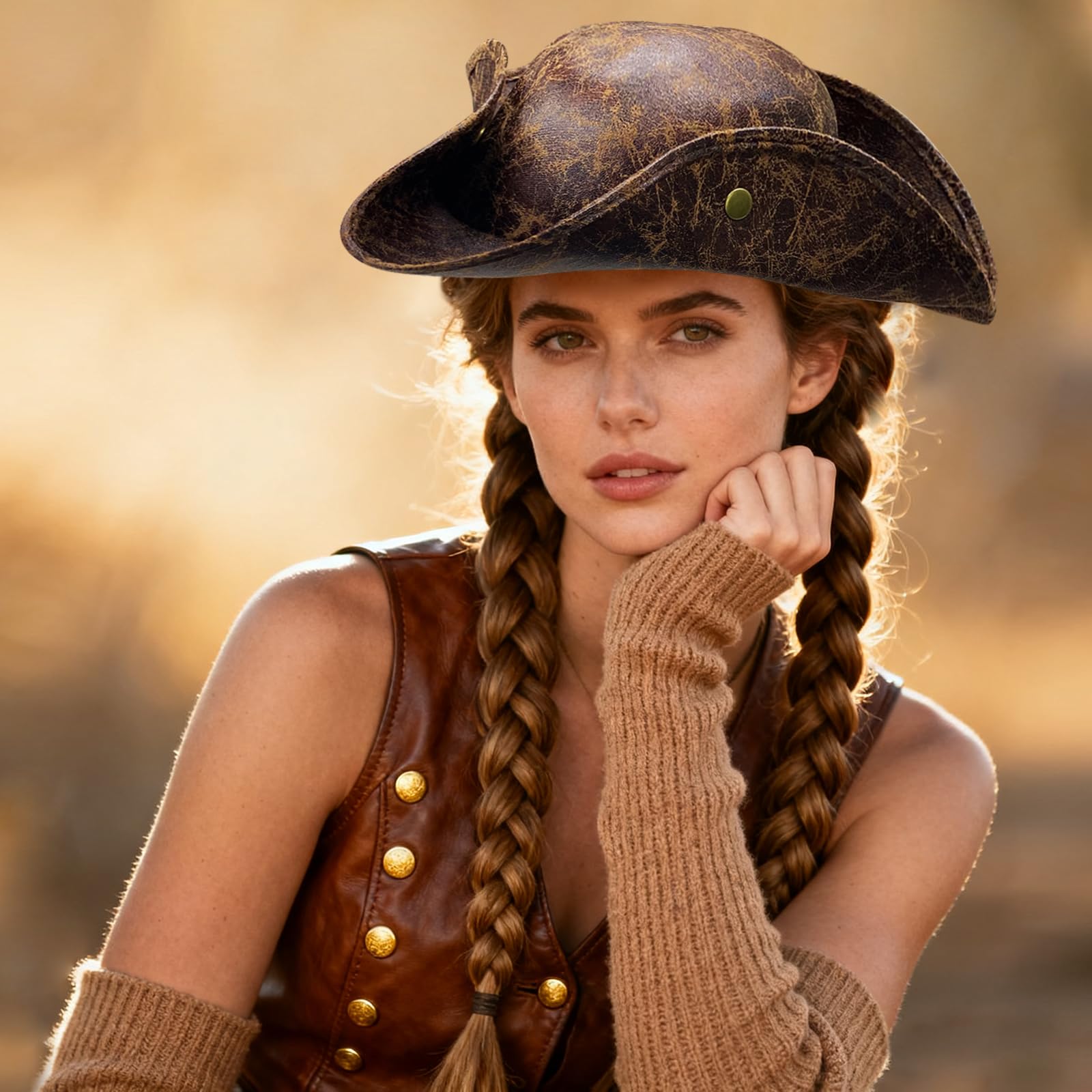 EUPSIIU 1 Pcs Pirate Hat, Tricorn Hat Halloween Captain Costume Accessory, Medieval Ancient Colonial Style Pirates Cap - Image 4