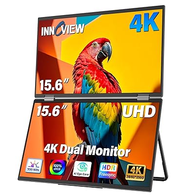 InnoView 15.6" 4K Dual Portable Monitor 3840x2160P 100% sRGB | Owl Eye Vision - Foldable Design with 315° Screen Adjustment, 180° Stand | DP/USB-C/HDMI, Dual Screen Extender for Laptop, Mac, Windows