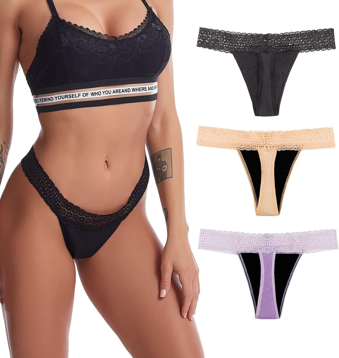 Sexy Period Underwear for Women, Anti-Odor Leak Proof Period Thongs, 4 Layer Postpartum Absorbent Panties Lace Bikinis