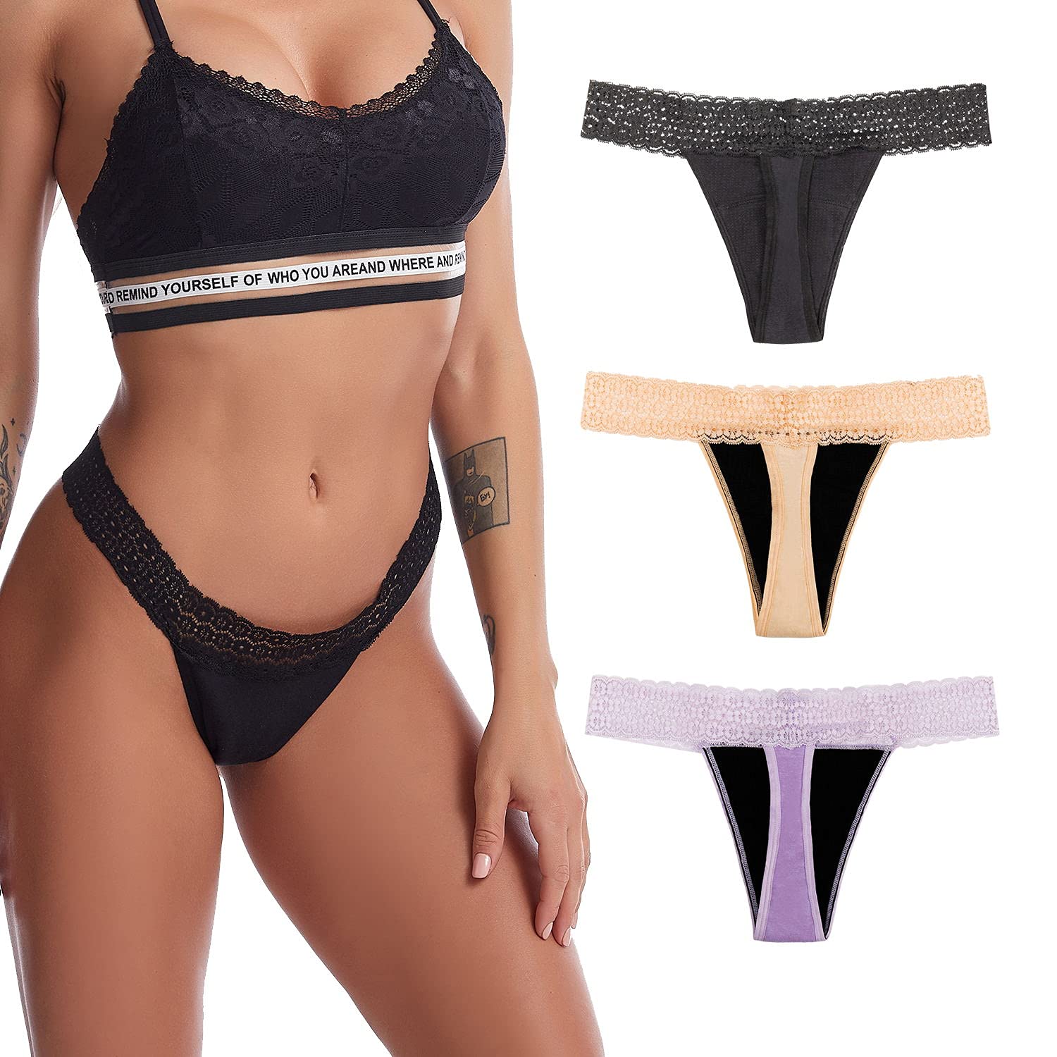 Sexy Period Underwear for Women, Anti-Odor Leak Proof Period Thongs, 4 Layer Postpartum Absorbent Panties Lace Bikinis