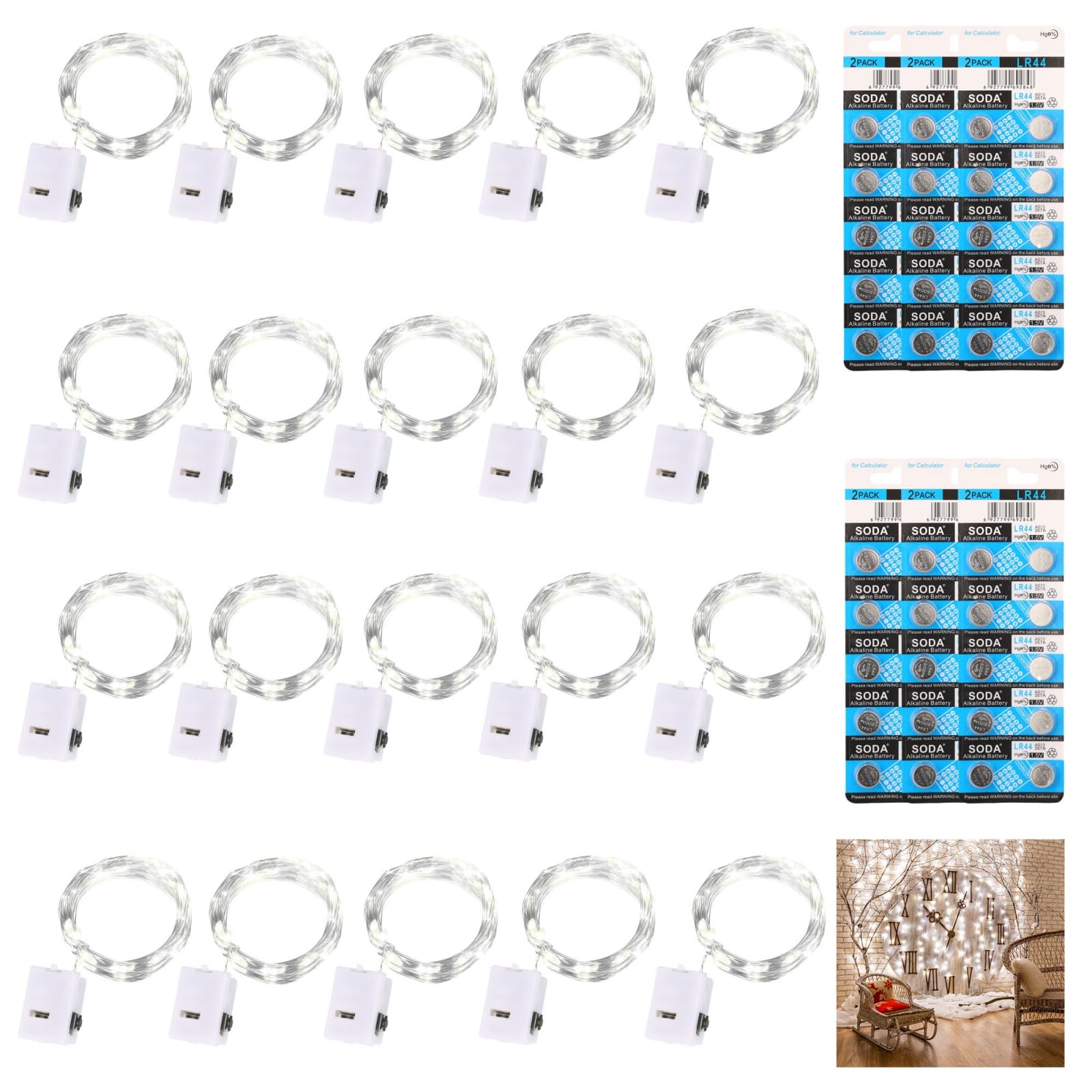 Dooozy 20 Piezas Cadena de Luces con 120 Pilas, 2M 20 LEDs 3 Modos Guirnaldas Luces de Alambre de Cobre Impermeable para Navidad Fiestas Bodas Interiores Exteriores(Blanco Frío)