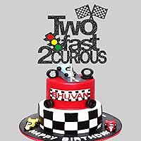 Vista 3 de Dos decoraciones para pastel de 2º cumpleaños Fast 2 Curious Racing 2 con purpurina para pastel de segundo cumpleaños para niños y niñas, decoración